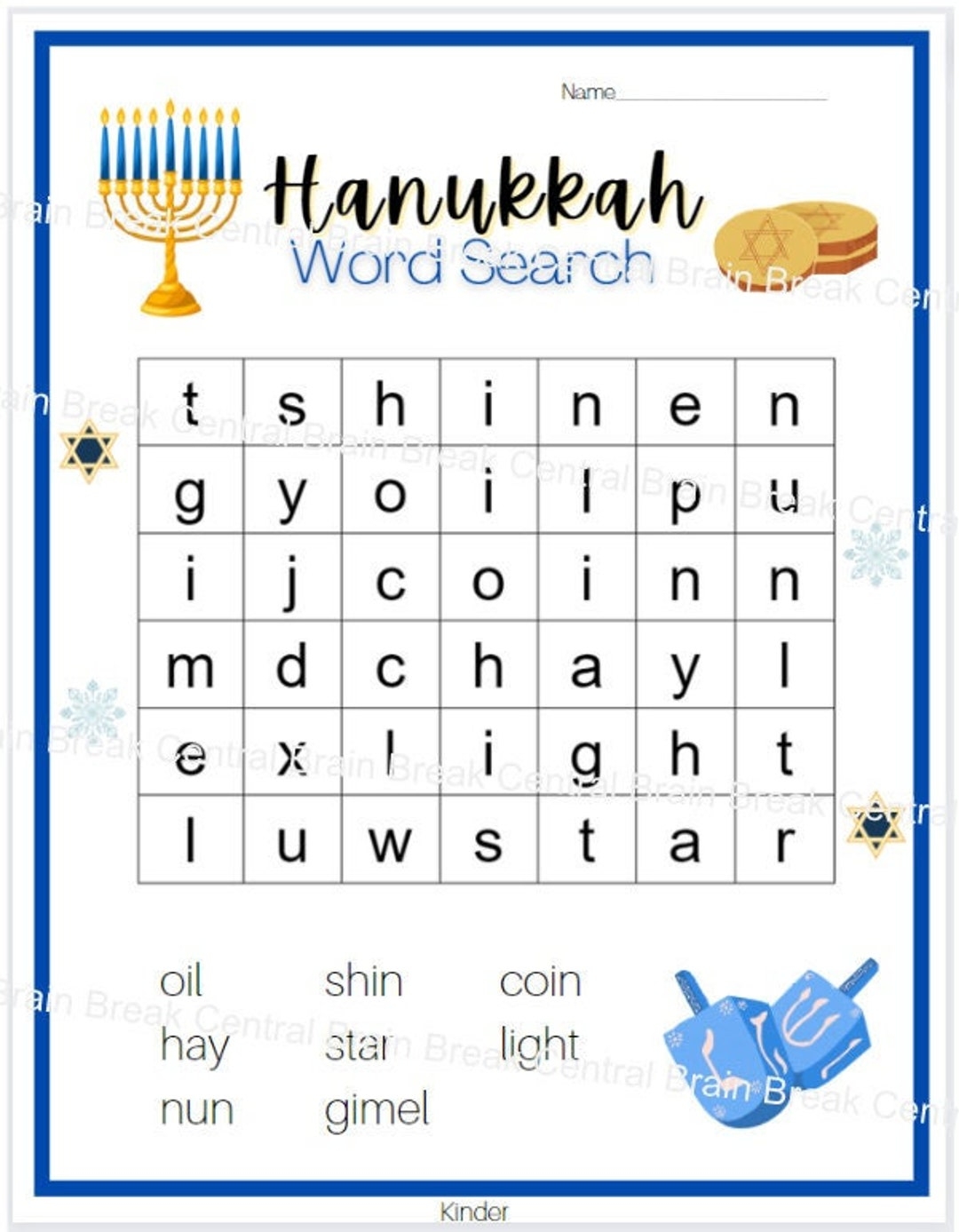 Kindergarten Hanukkah Word Search With Answer Key Printable Etsy