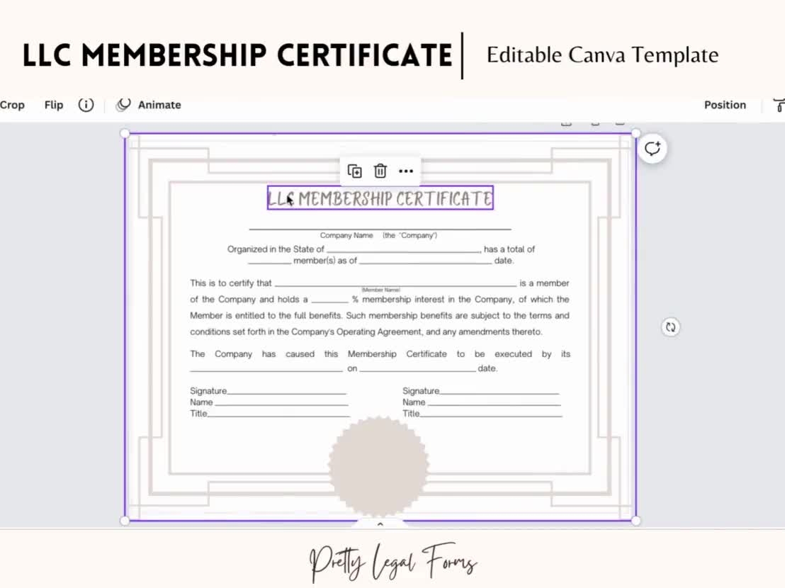 LLC Membership Certificate Canva Template LLC Share Certificate Limited Liability Company Share Certificate LLC Documents Start Llc Form Etsy