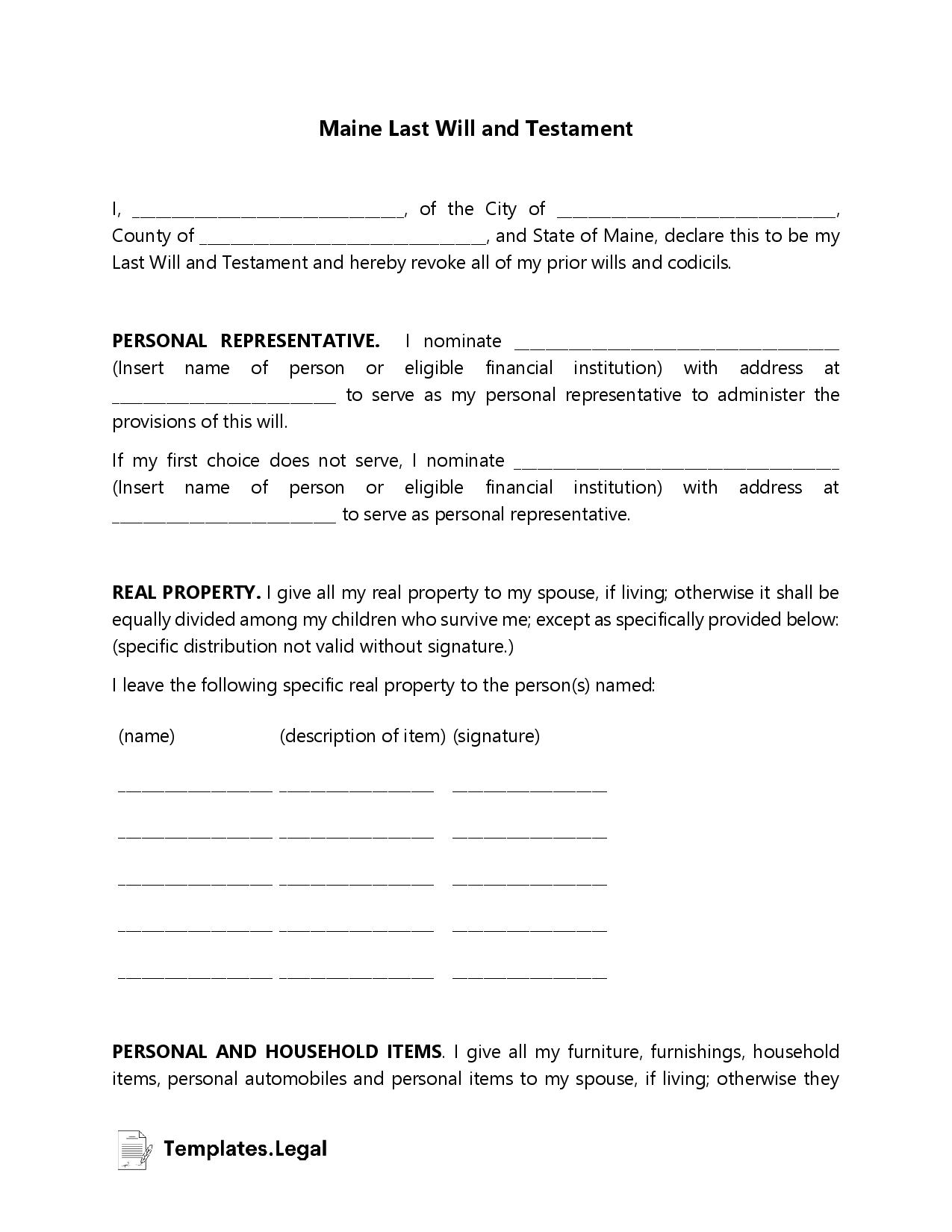 Maine Last Will And Testament Templates Free Word PDF ODT 