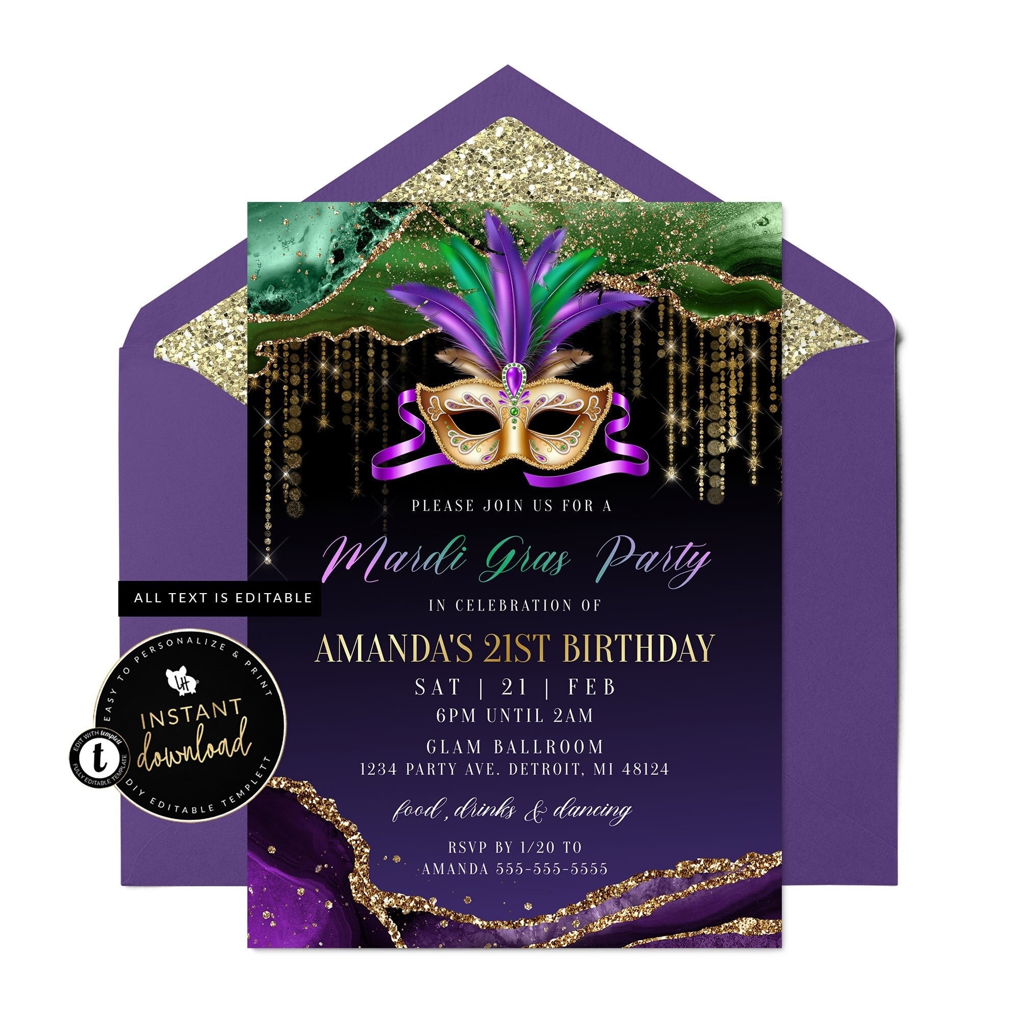 Mardi Gras Invitation mardi Gras Birthday Invitation Mardi Gras Party Mardi Gras Digital Invite Instant Download Self Edit Templett Etsy