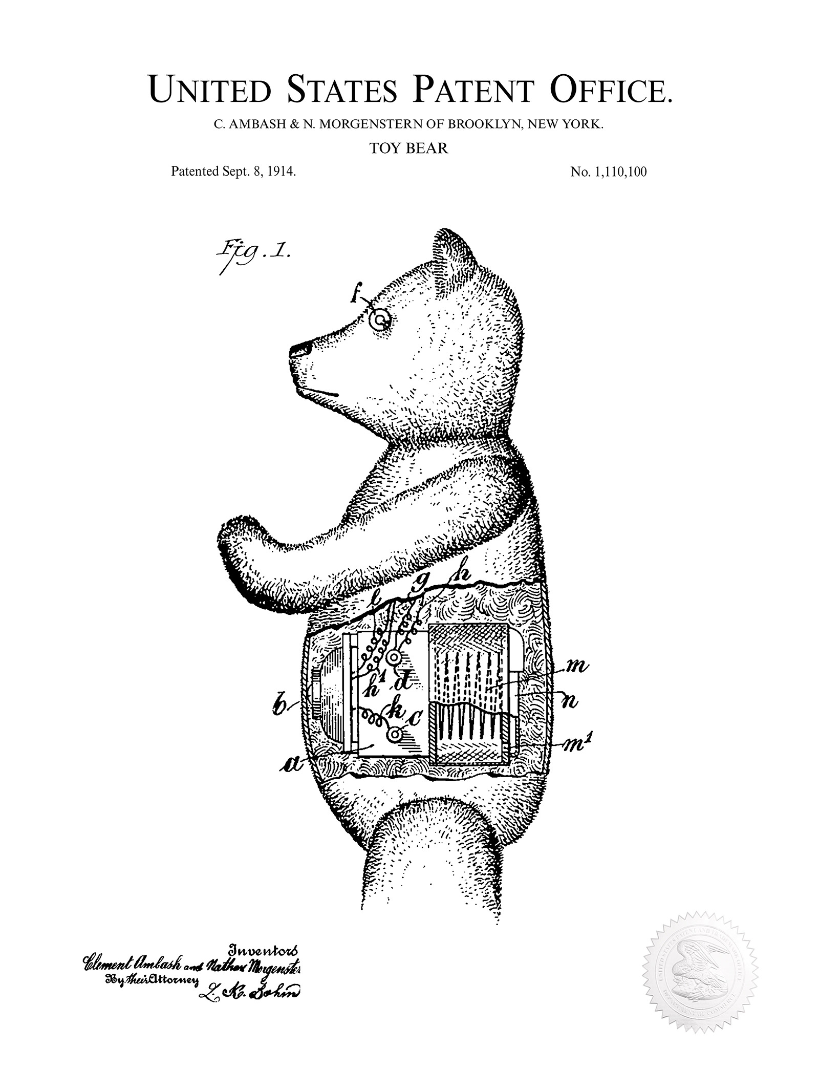 Mechanical Toy Bear 1914 Patent Print