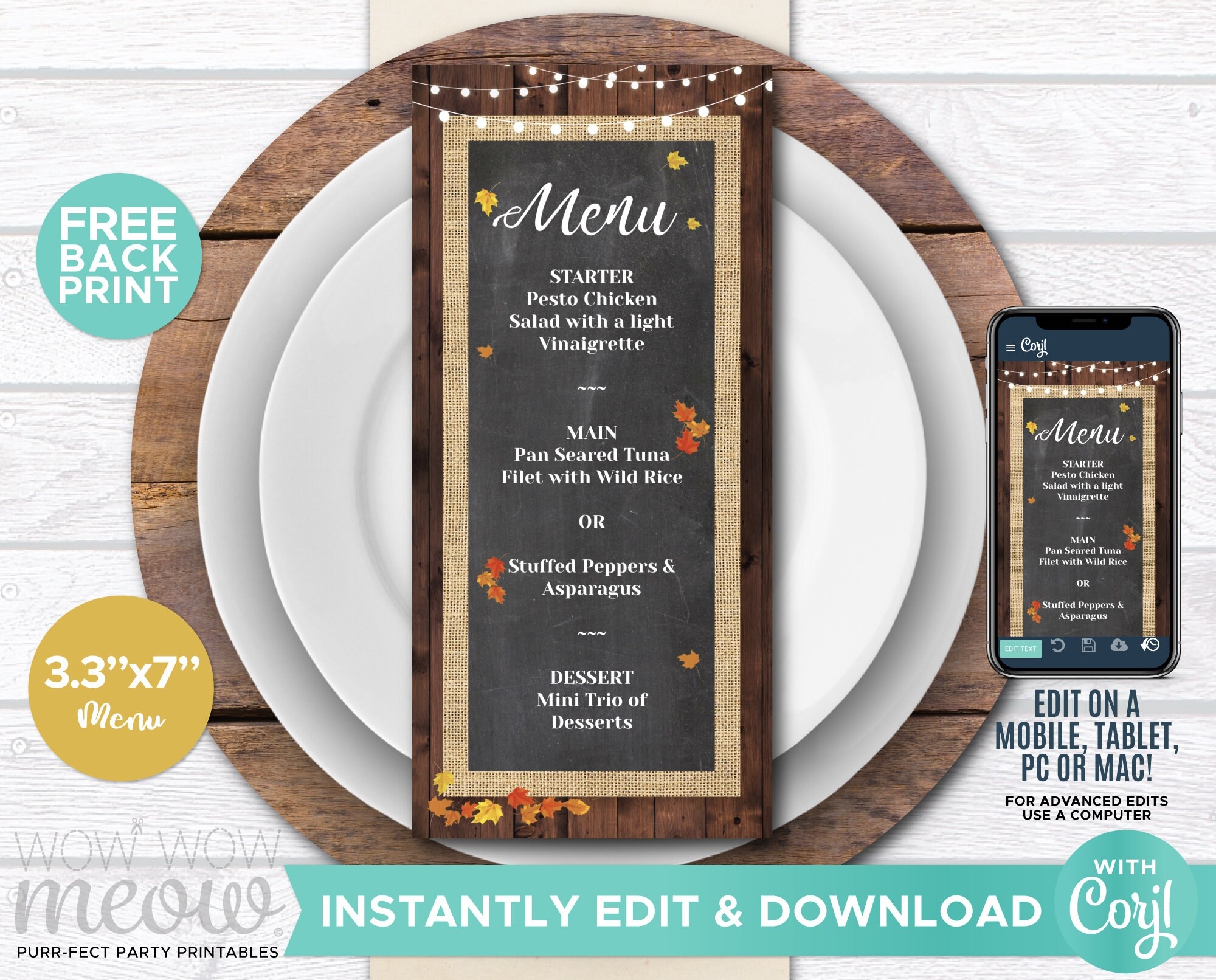 Menu Harvest Festival Dinner Template Rustic INSTANT DOWNLOAD Set Matching Printable Chalk Thanksgiving Burlap Personalize Editable WCWP061 Etsy