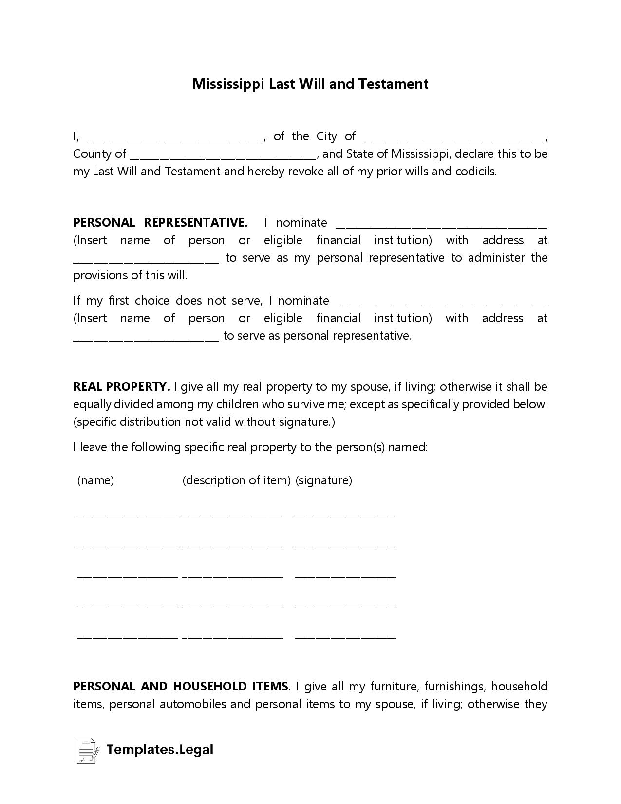 Mississippi Last Will And Testament Templates Free Word PDF ODT 
