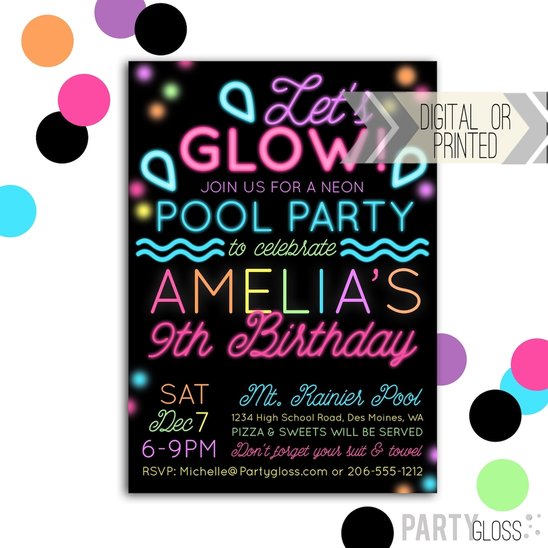Neon Glow Pool Party Invitation Digital Or Printed Pool Party Glow In The Dark Pool Neon Invite Neon Glow Pool Invitation Black Etsy