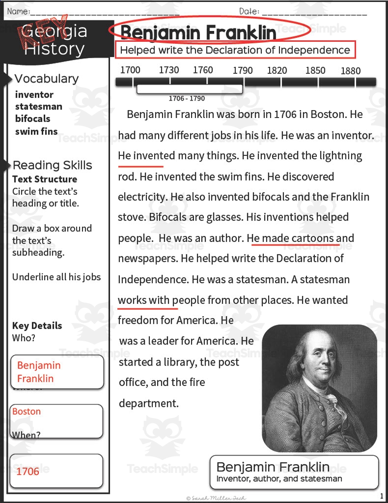 Nonfiction Reading Packet Benjamin Franklin By Teach Simple