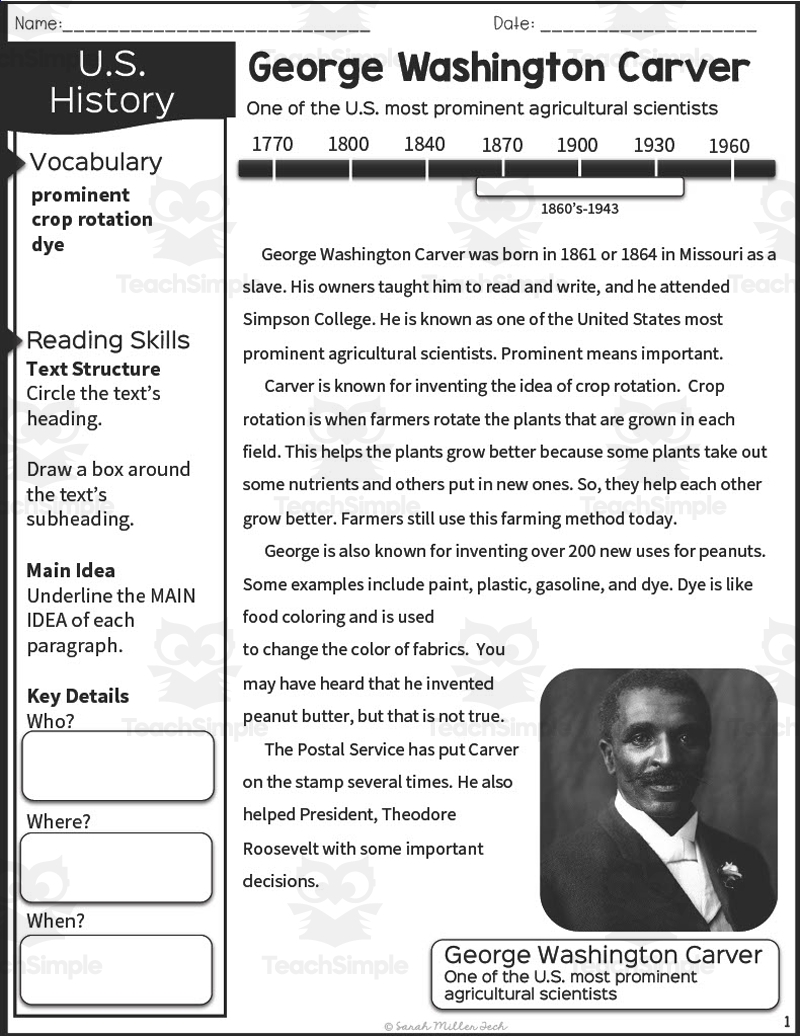 Nonfiction Reading Packet George Washington Carver By Teach Simple