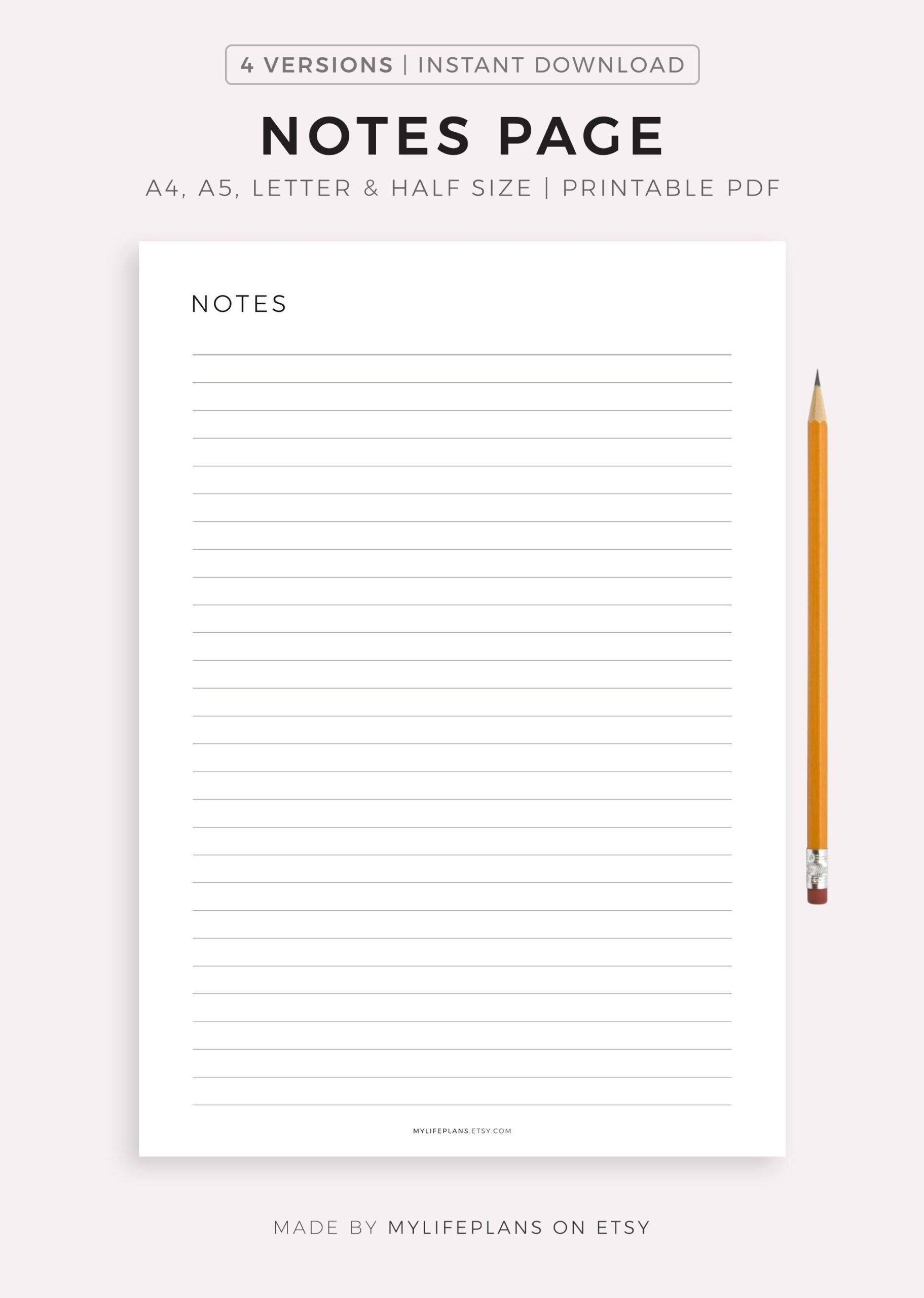 Notes Page Printable Lined Notes Template Note Taking Writing Paper Notes Planner Insert A4 a5 letter half Size Instant Download PDF Etsy