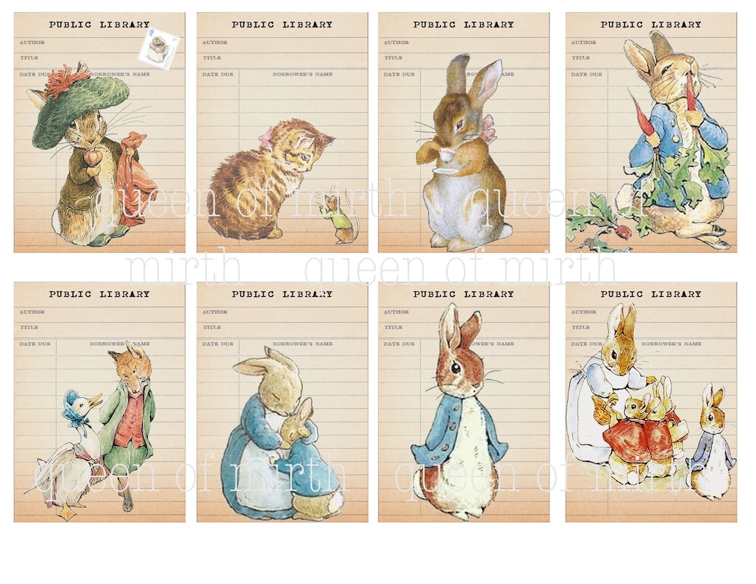 PETER RABBIT FRIENDS Library Cards Beatrix Potter Water Color Printable Junk Journal Digital Download Collage Sheet Scrapbook Etsy