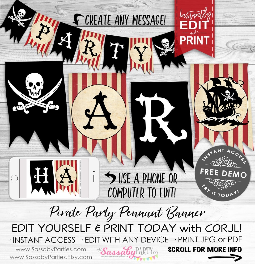 Pirate Party Banner INSTANT DOWNLOAD Editable Printable Birthday Boys Party Decorations Decor Bunting Pirates Caribbean Ship Etsy