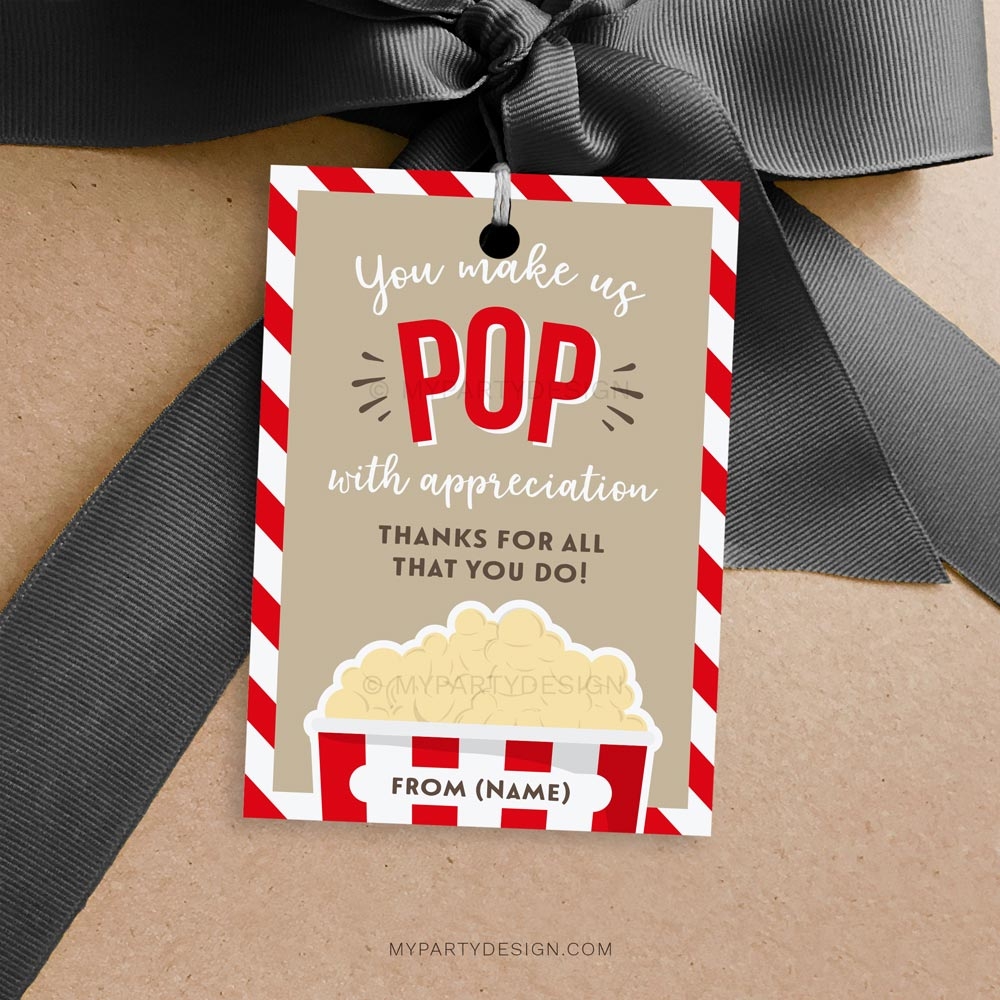 Pop With Appreciation Popcorn Tag Printable PDF My Party Design