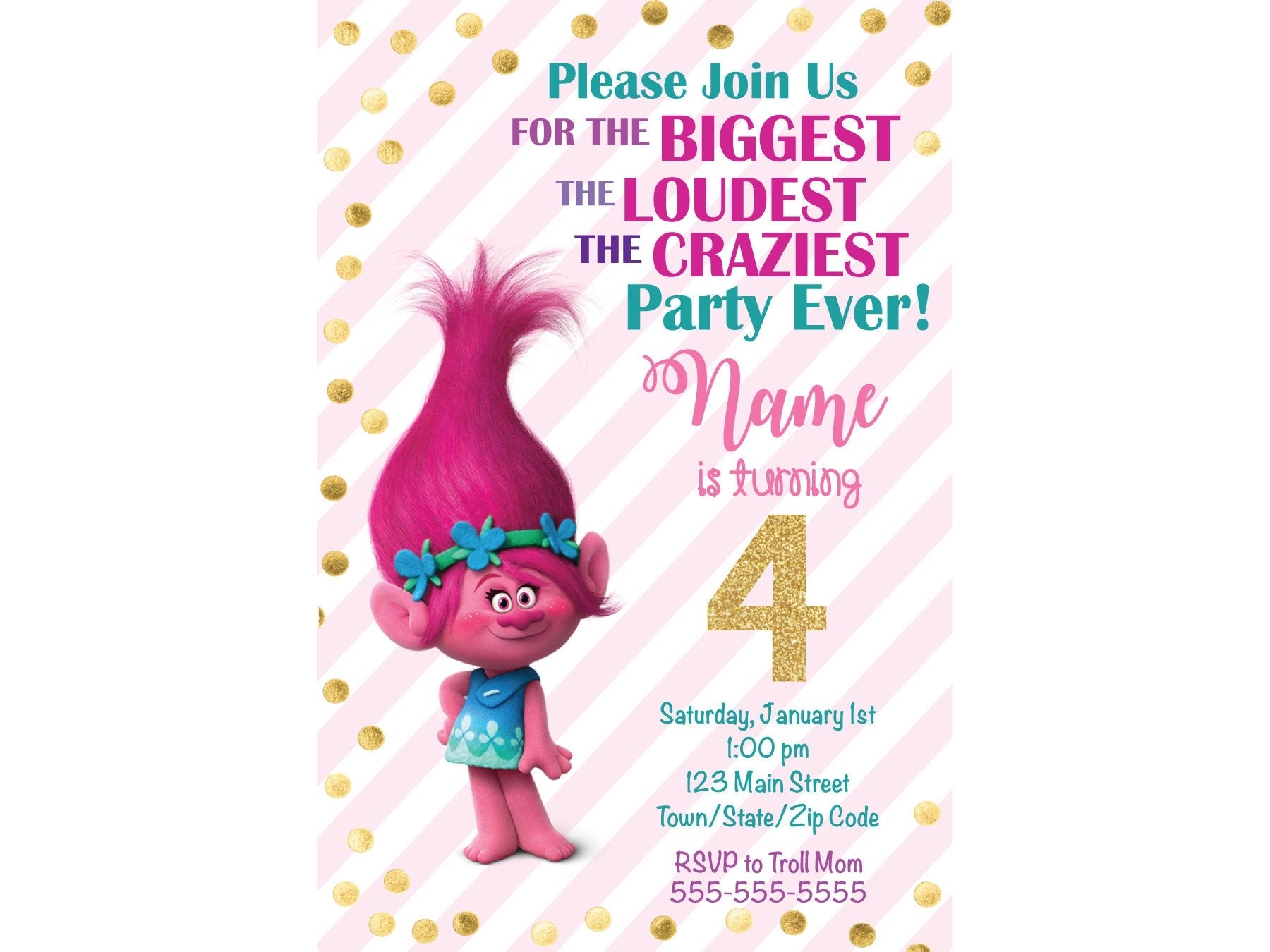 Poppy Trolls Birthday Invitation Etsy