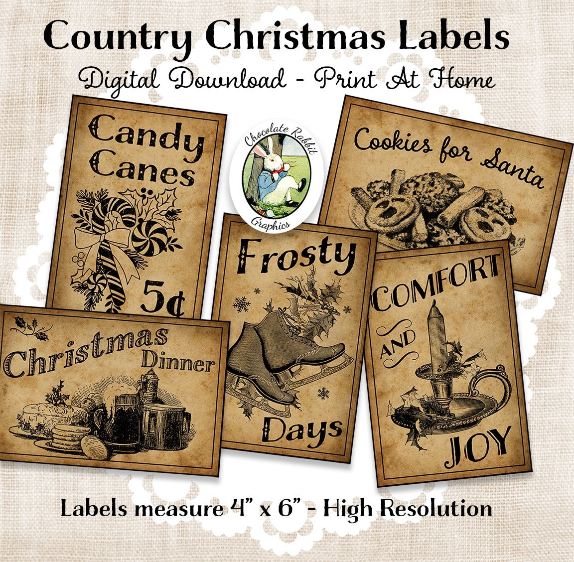 Primitive Country Christmas Labels Printable Christmas Tags Digital Holiday Signs Vintage Style Ephemera Etsy