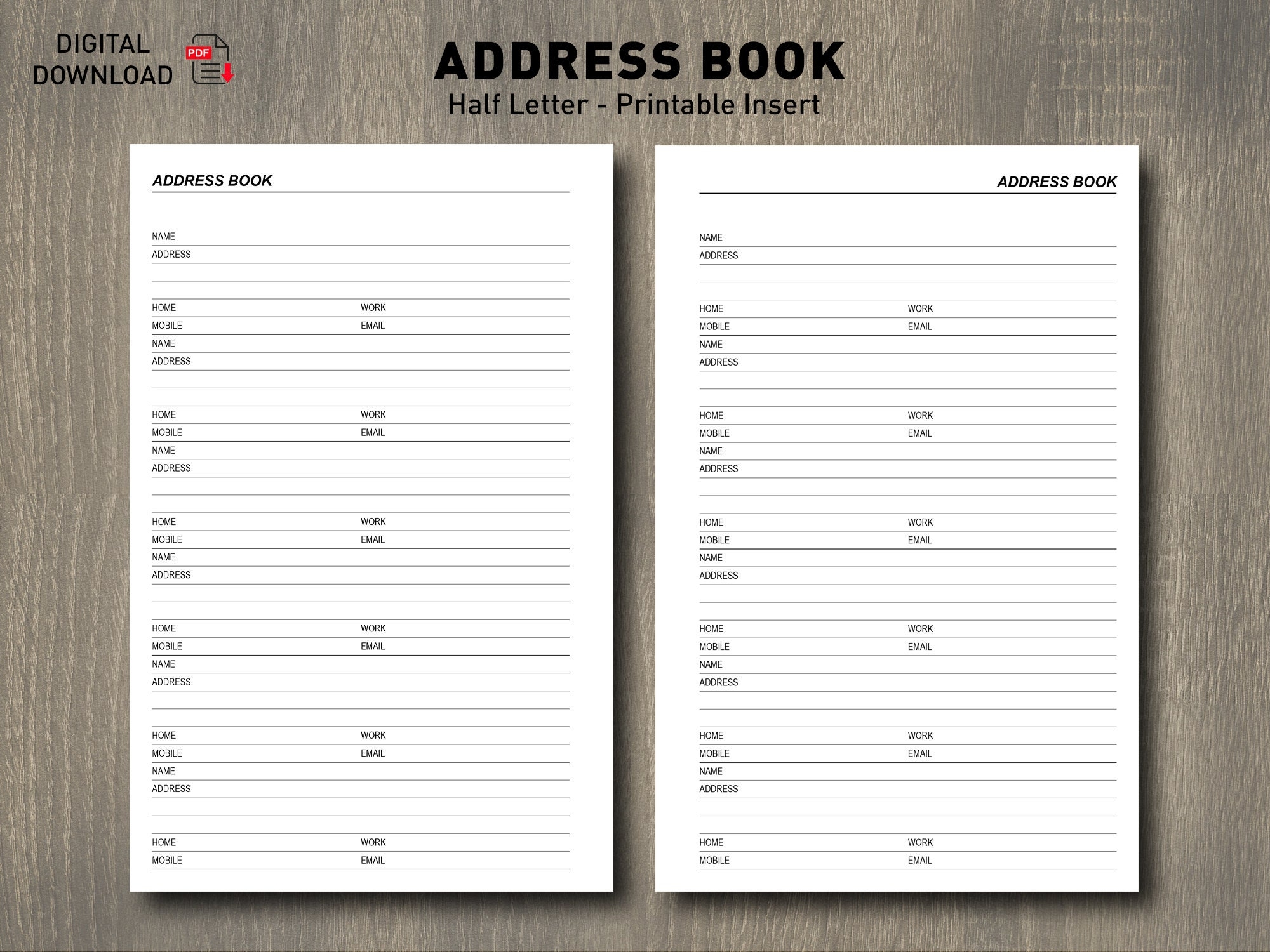 Printable Address Book Contact Organizer Printable Contact Insert Half letter Etsy