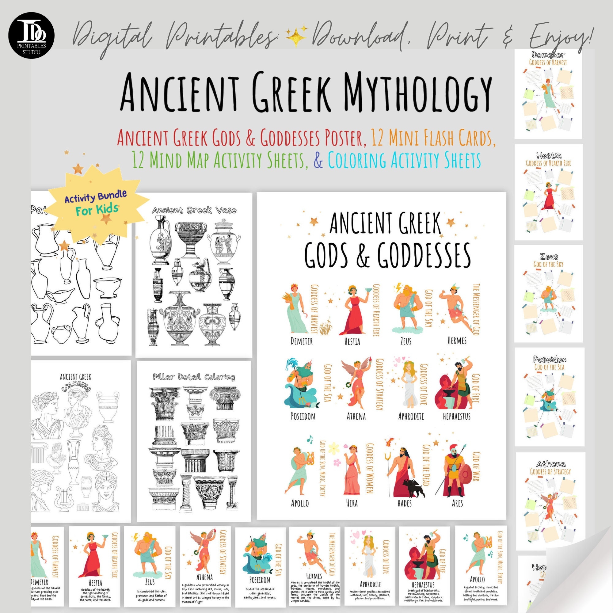 Printable Ancient Greek Mythology Activity Bundle For Kids Topic Research Home Schooling Gods Goddesses Mind Maps And So Much More Etsy