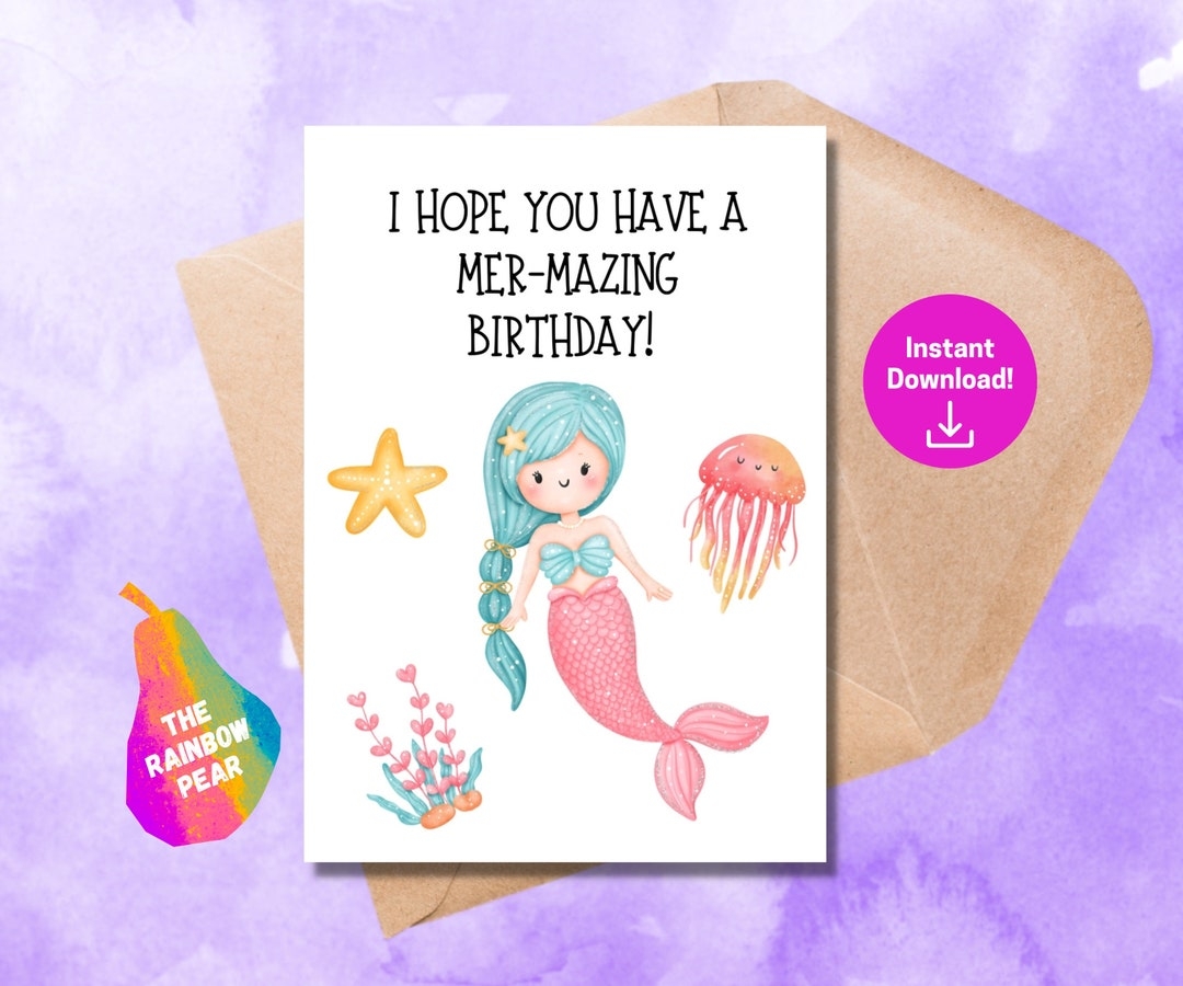 Printable Birthday Card Mermaid Birthday Card Digital Download Greeting Card Etsy