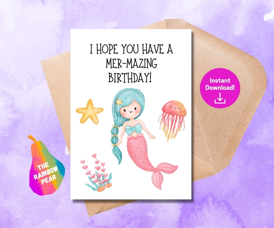 Printable Birthday Card Mermaid Birthday Card Digital Download Greeting Card Etsy