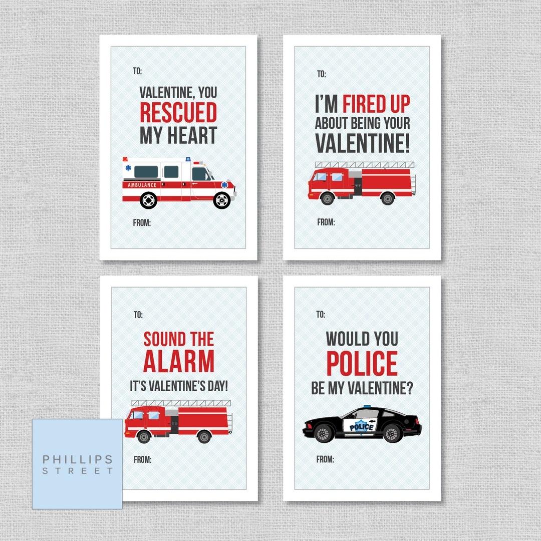 Printable Emergency Vehicle Valentine s Day Cards Classroom Valentines Children s Valentines Police Car Fire Truck Ambulance Etsy
