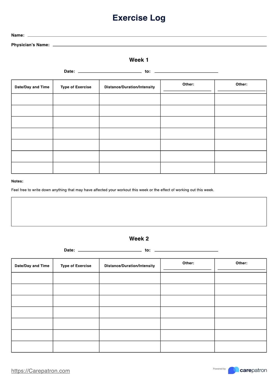 Printable Exercise Log Example Free PDF Download