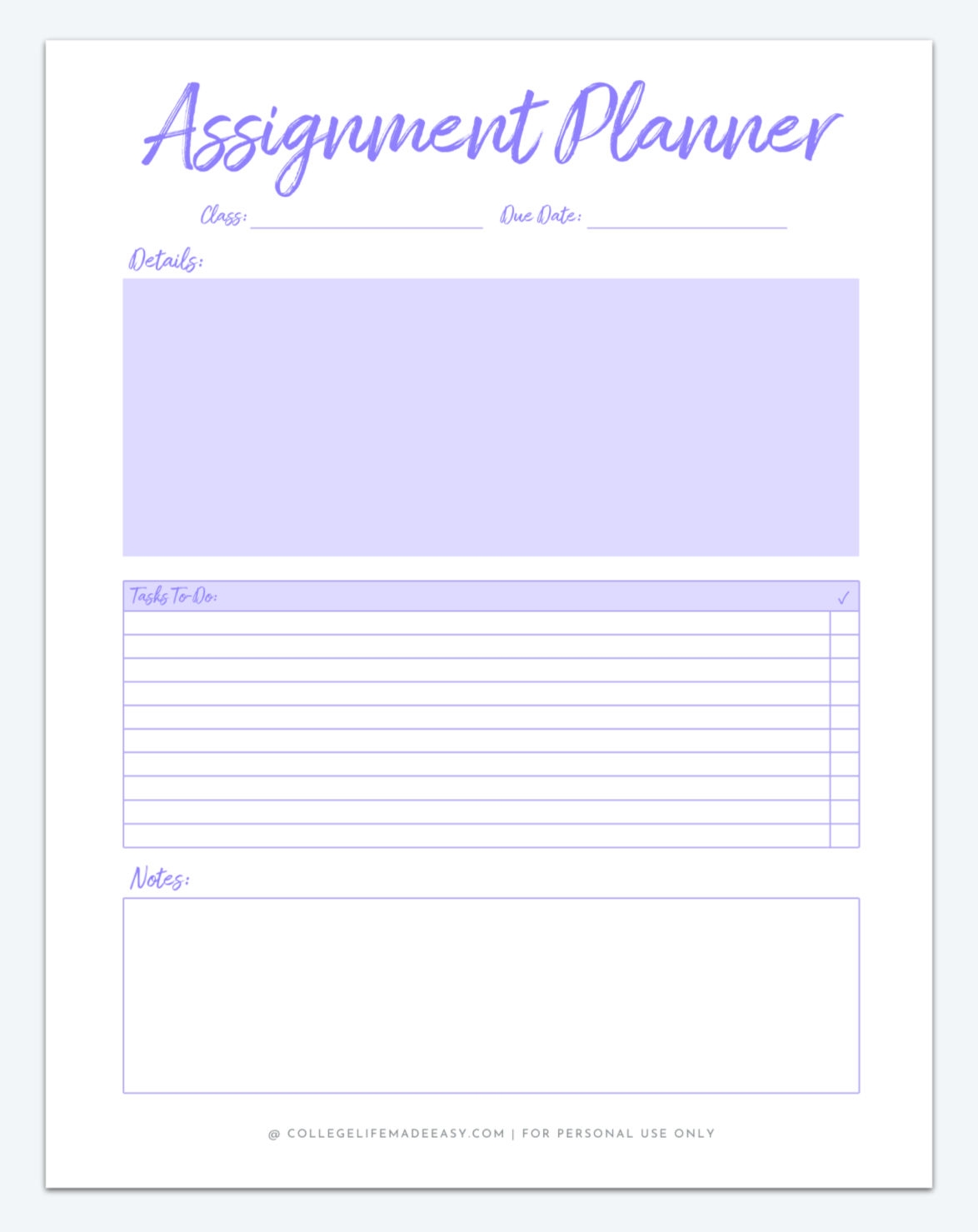 Printable Homework Planner Template For College Students