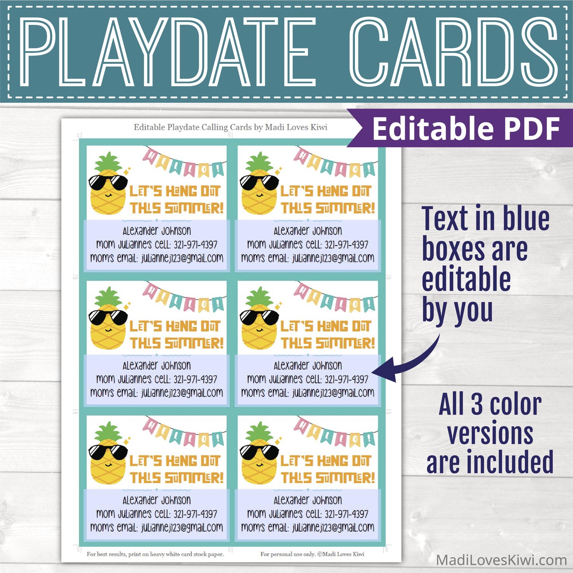 Printable Playdate Card For Kid Pineapple Summer Play Date Card Keep In Touch Madi Loves Kiwi Digital Downloads