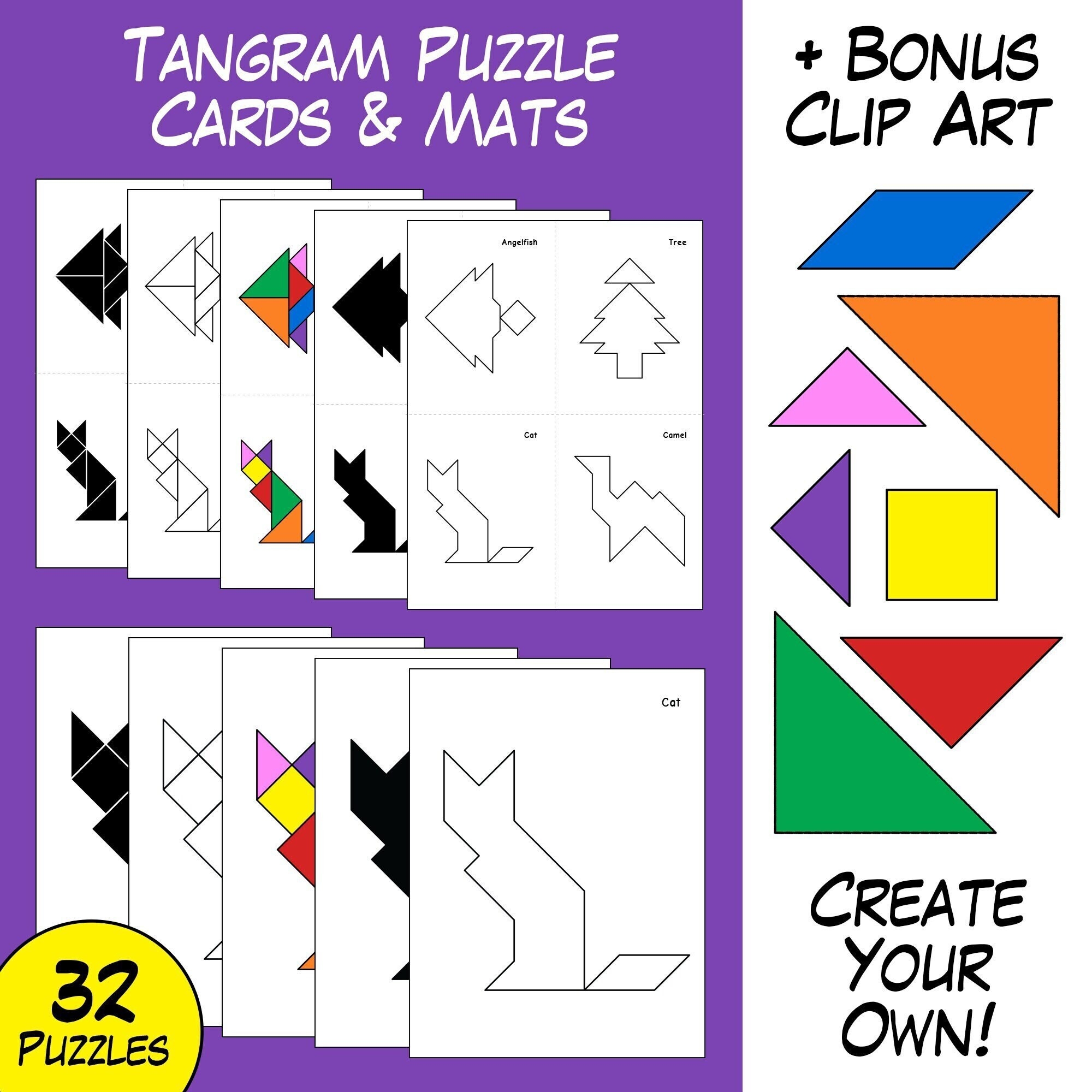 Printable Tangram Puzzle Mats Task Cards Bonus Clip Art Etsy
