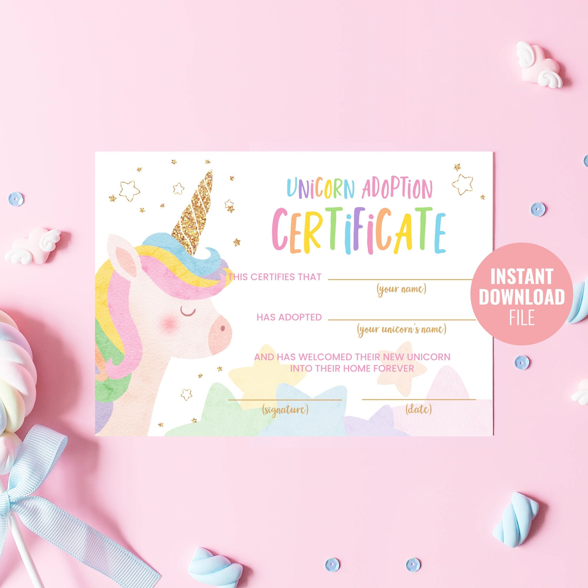 Printable Unicorn Adoption Certificate Instant Download Magical Birthday Party Adopt A Unicorn Gold Glitter Horn Party Decoration BD014 Etsy
