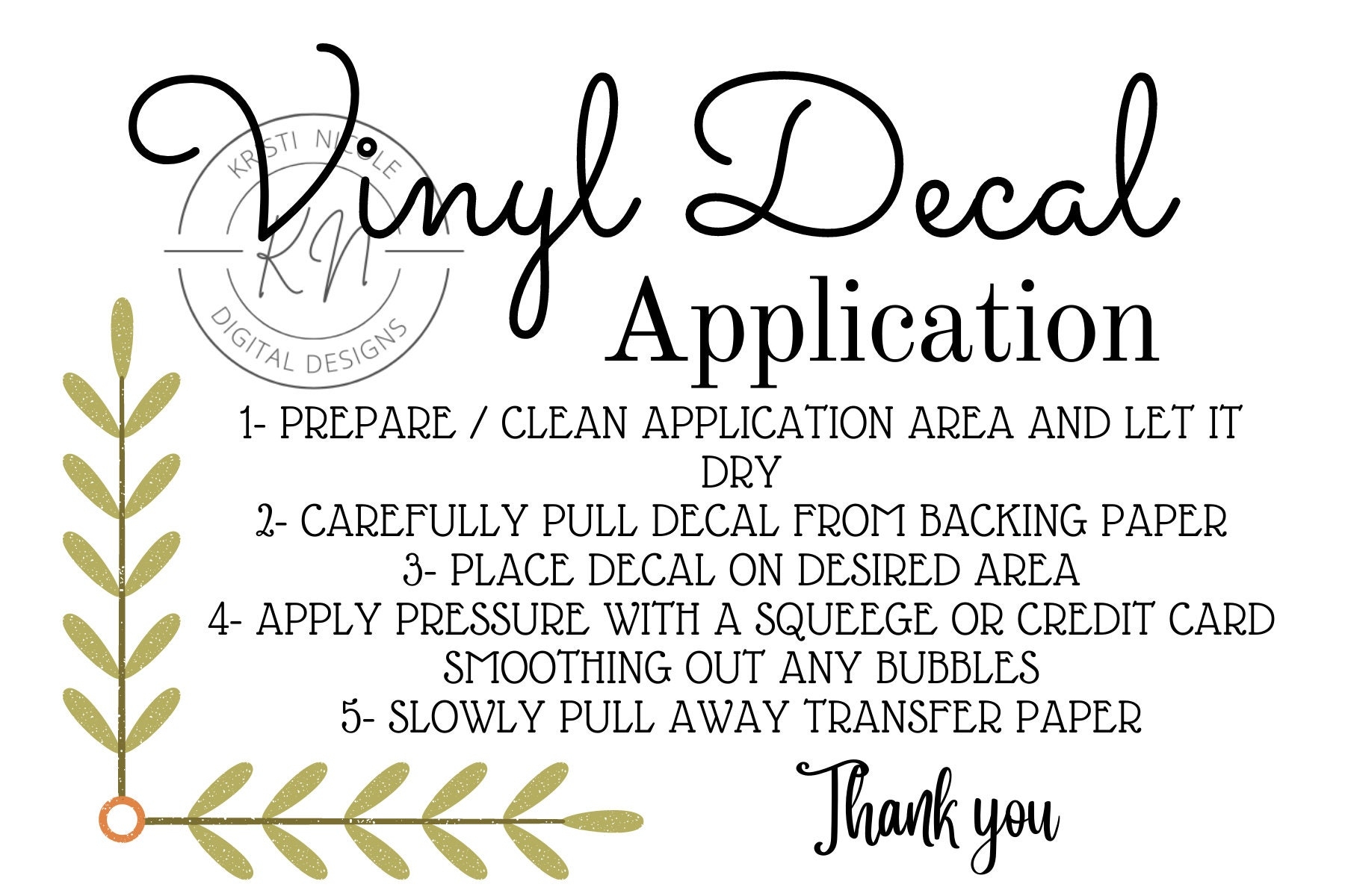 Printable Vinyl Decal Application Card Digital File Ready To Print Instant Download Decal Instructions Small Business Supplies Etsy