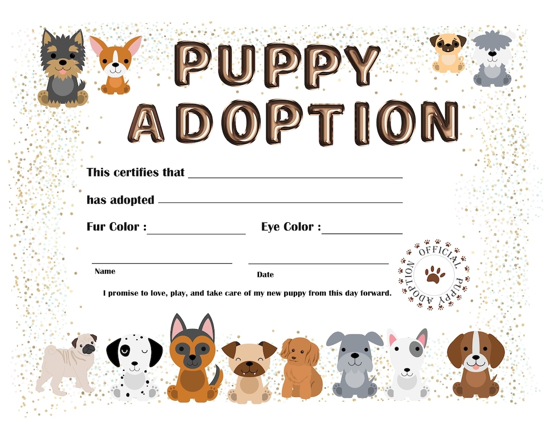 Puppy Adoption Printable Instant Download New Puppy Certificate PDF Etsy
