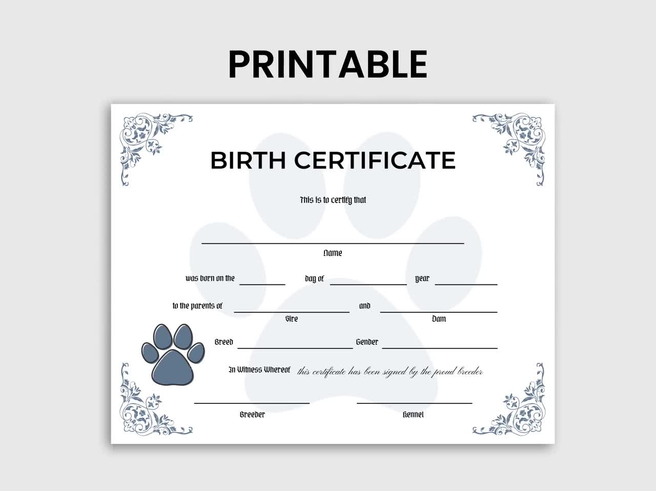 Puppy Birth Certificate Blue Dog Breeder Dog Certificate New Puppy Pet Certificate Dog Birth Certificate Dog Owner Dog Mom Dog Dad Etsy