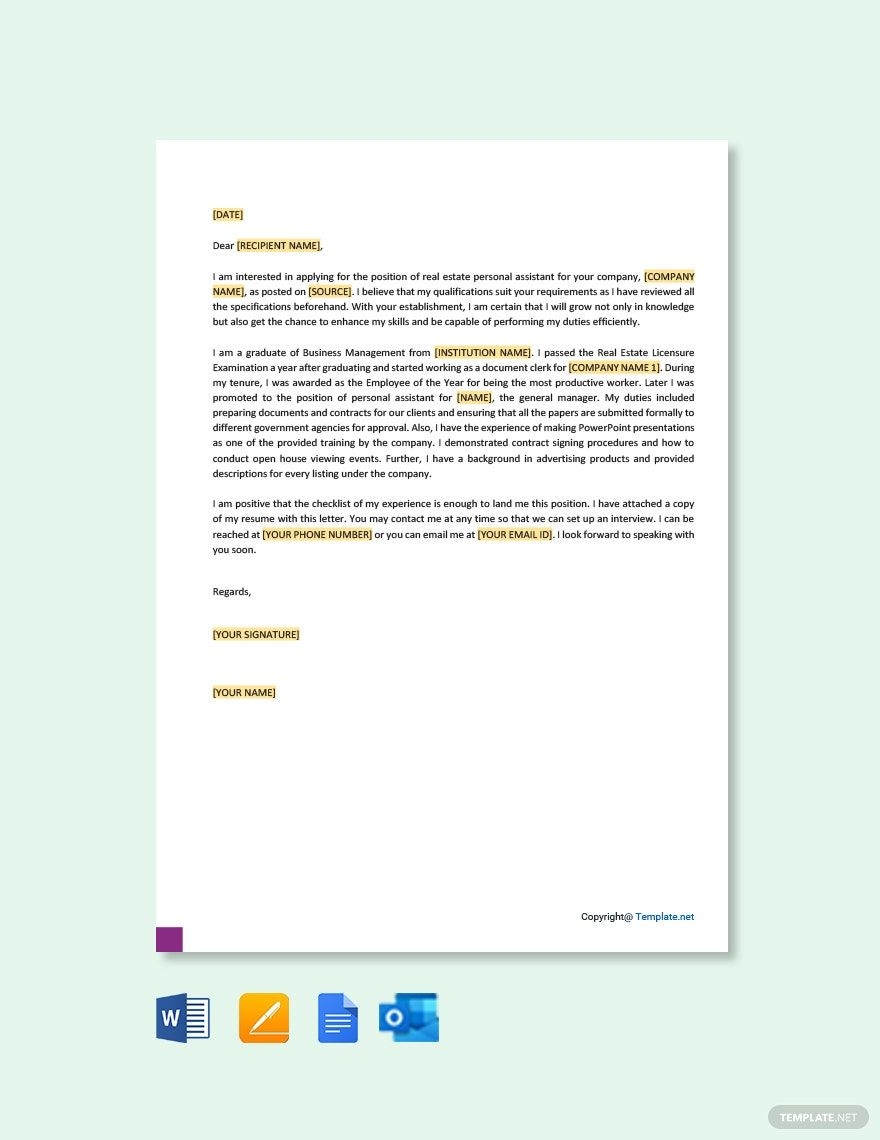 Real Estate Personal Assistant Cover Letter In Google Docs Word Outlook Pages PDF Download Template