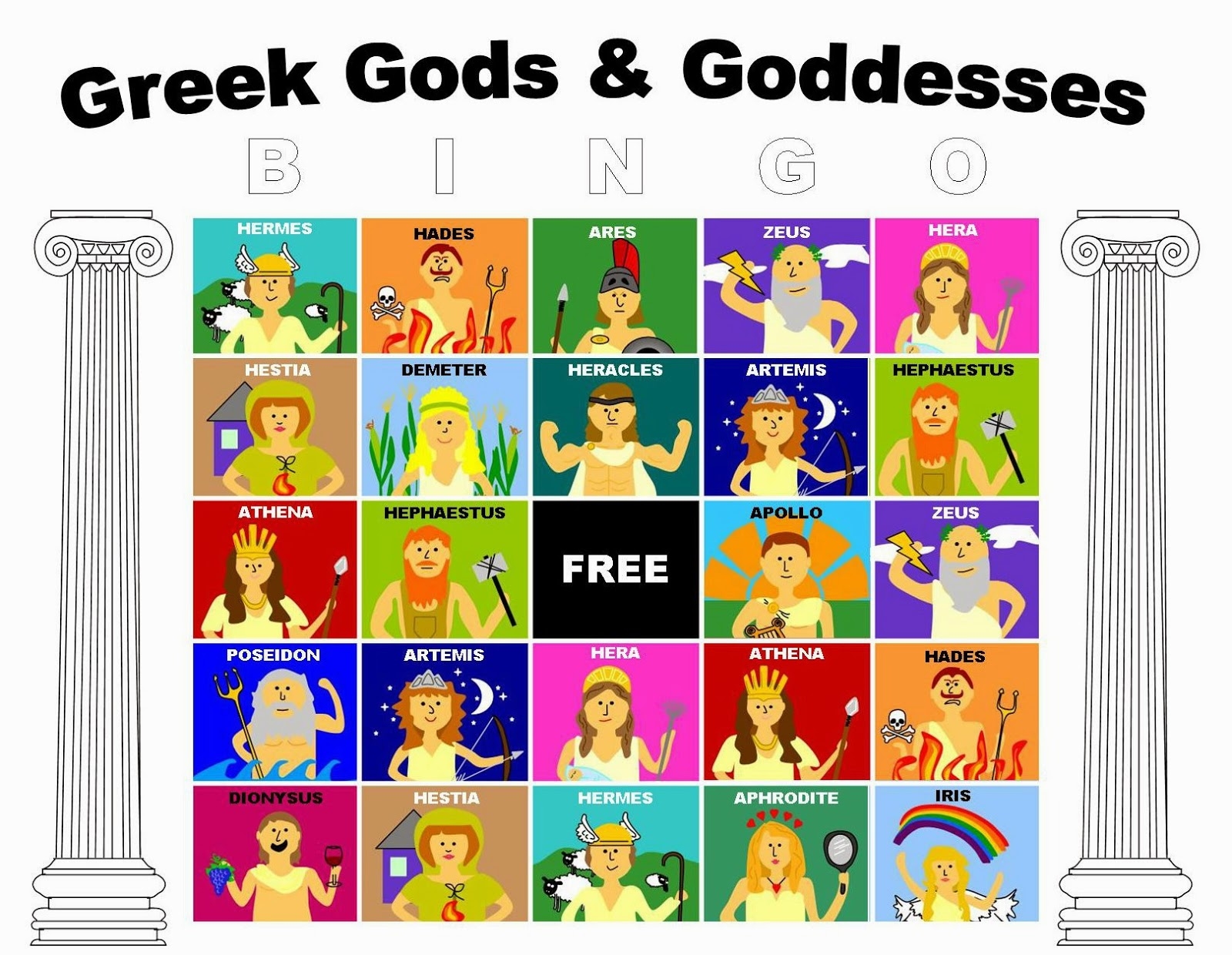 Relentlessly Fun Deceptively Educational Greek Gods And Goddesses BINGO free Printable 