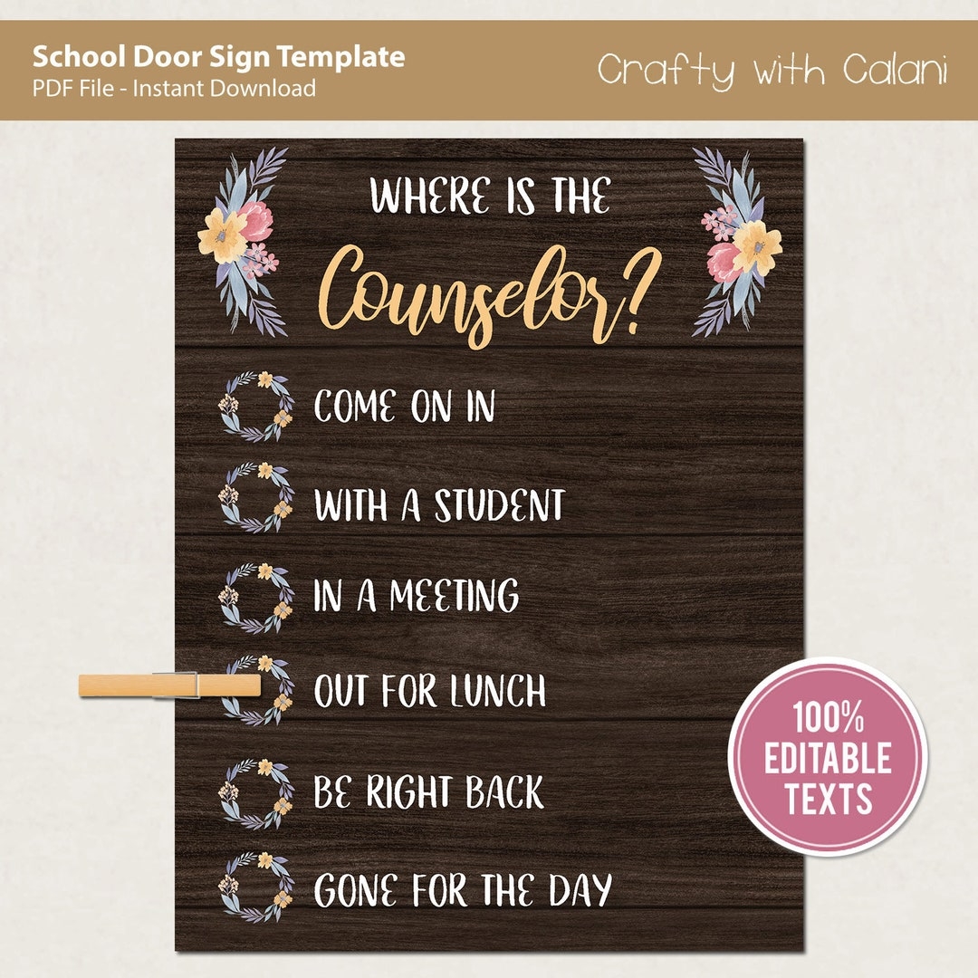 School Door Sign Template Personalized Door Sign Where Is The Counselor Sign Rustic Floral Door Sign Printable Custom Office Door Sign Etsy
