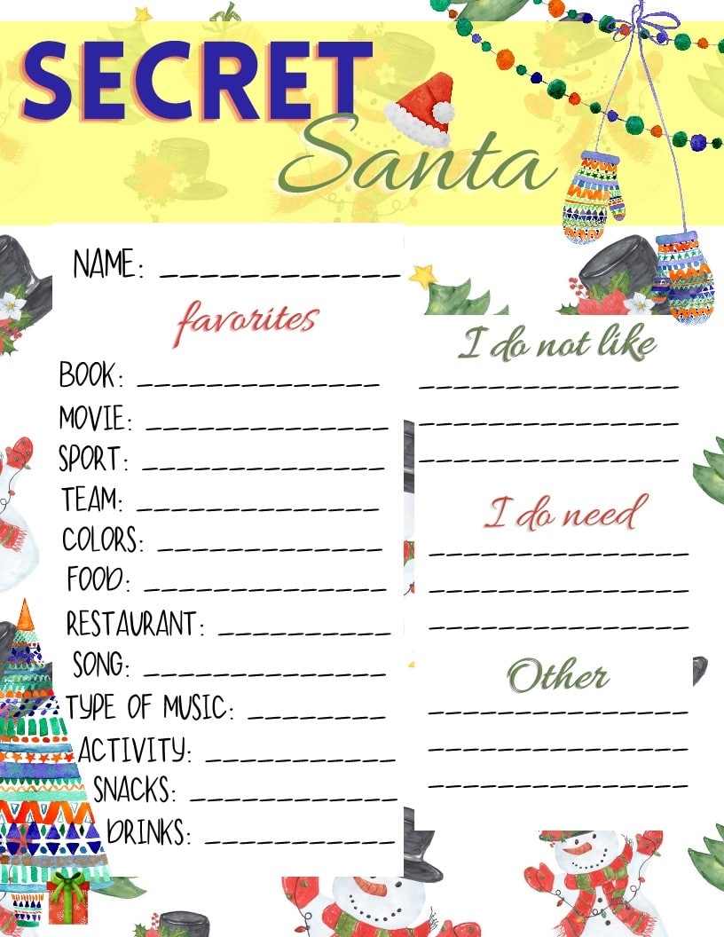 Secret Santa Sheets