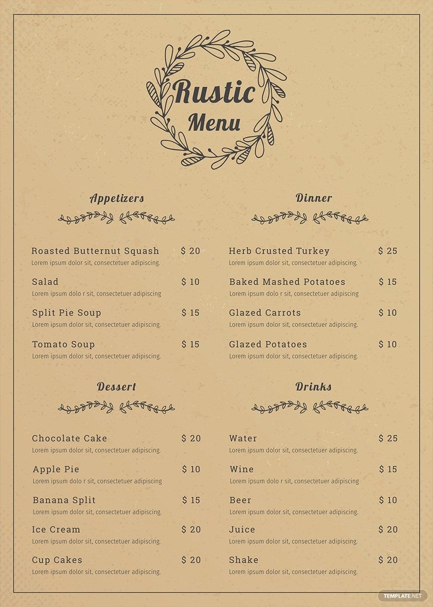 Simple Rustic Menu Template In Word Pages PSD Illustrator Publisher Download Template