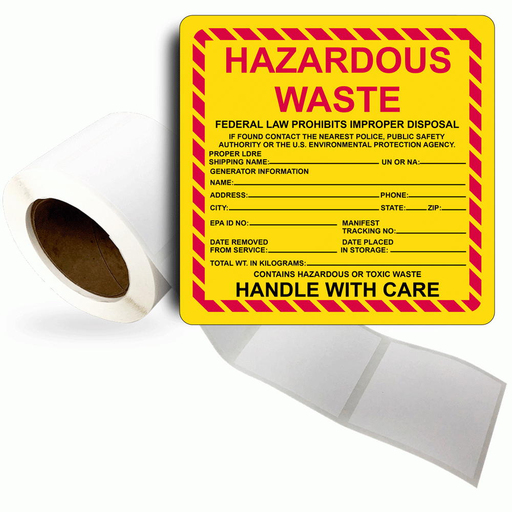 Square Yellow Labels On Roll Hazardous Waste Disposal