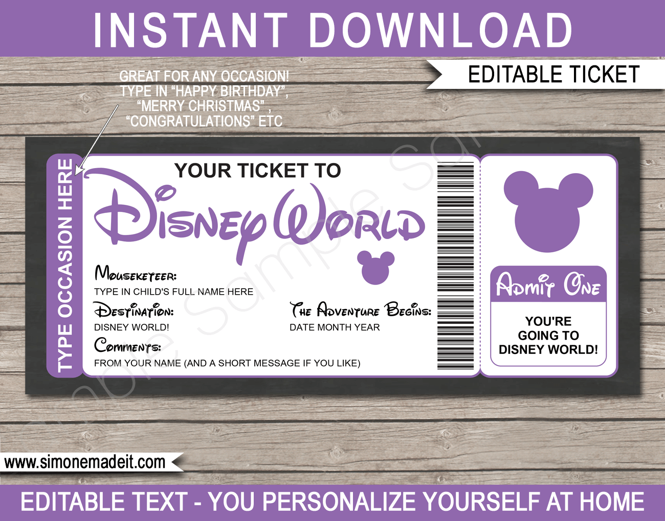 Surprise Trip To Disney World Ticket Template Printable Disney Trip Reveal Gift