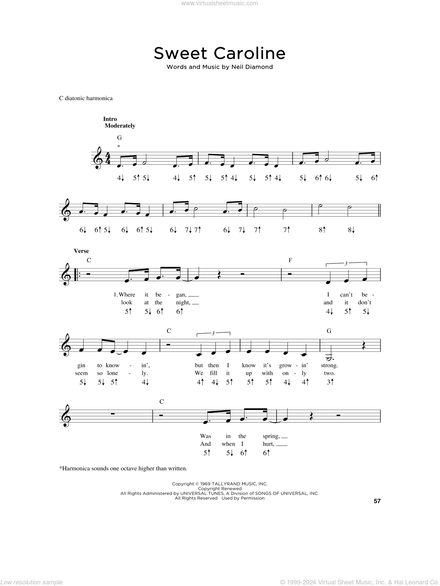 Sweet Caroline Sheet Music For Harmonica Solo PDF 