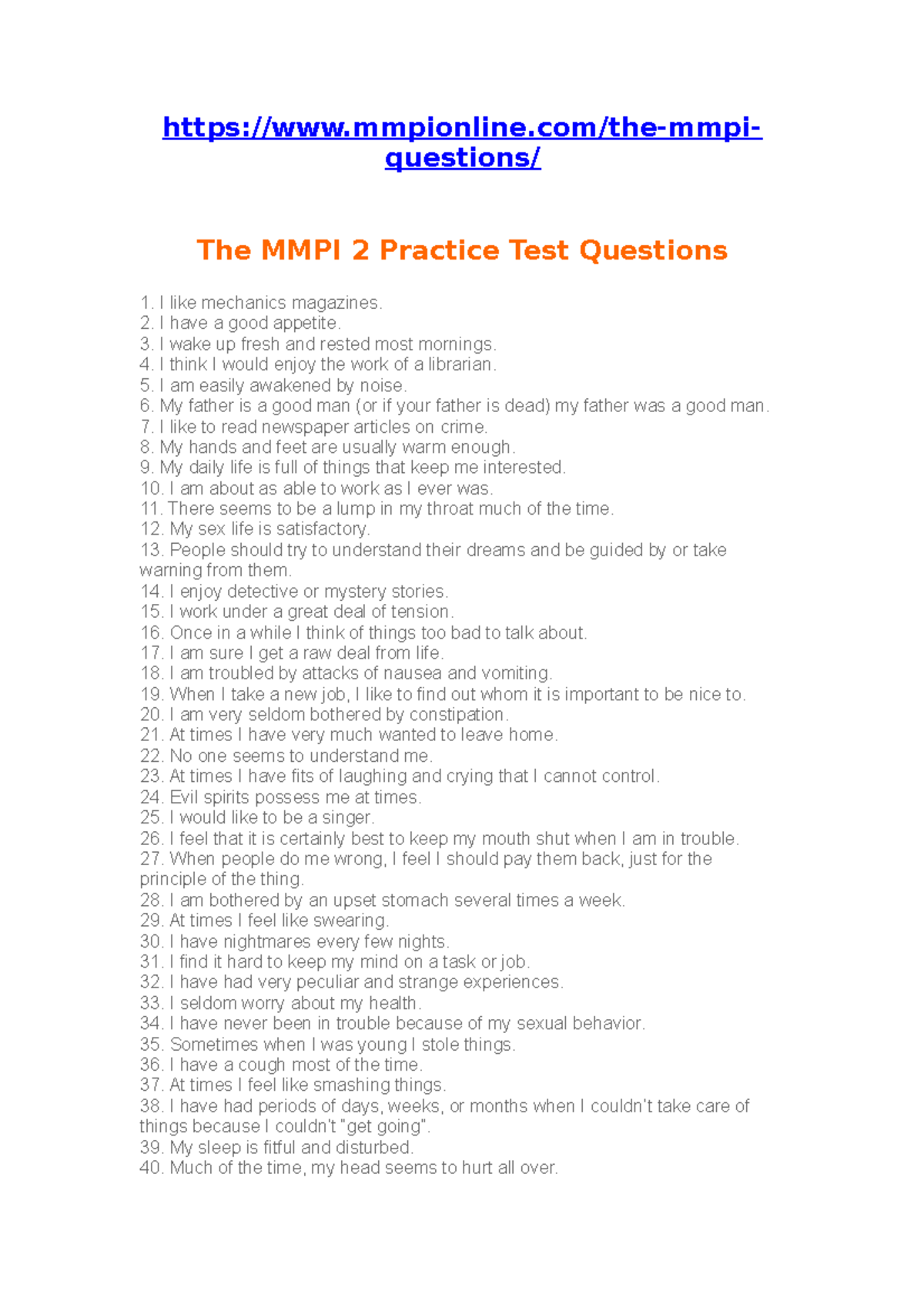 The MMPI 2 Practice Test Questions Mmpionline the mmpi Questions The MMPI 2 Practice Test Studocu
