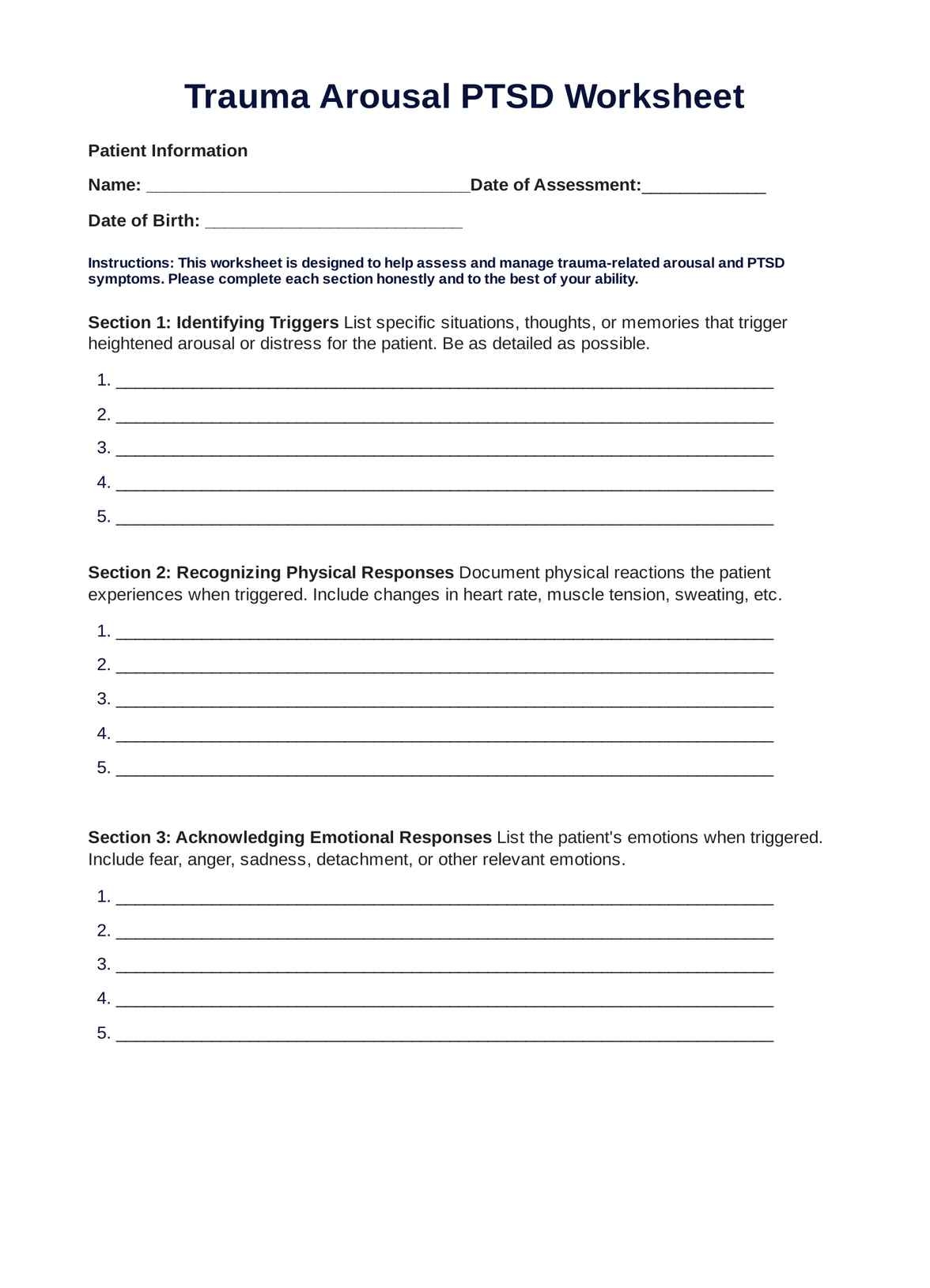 Trauma Arousal PTSD Worksheet Example Free PDF Download