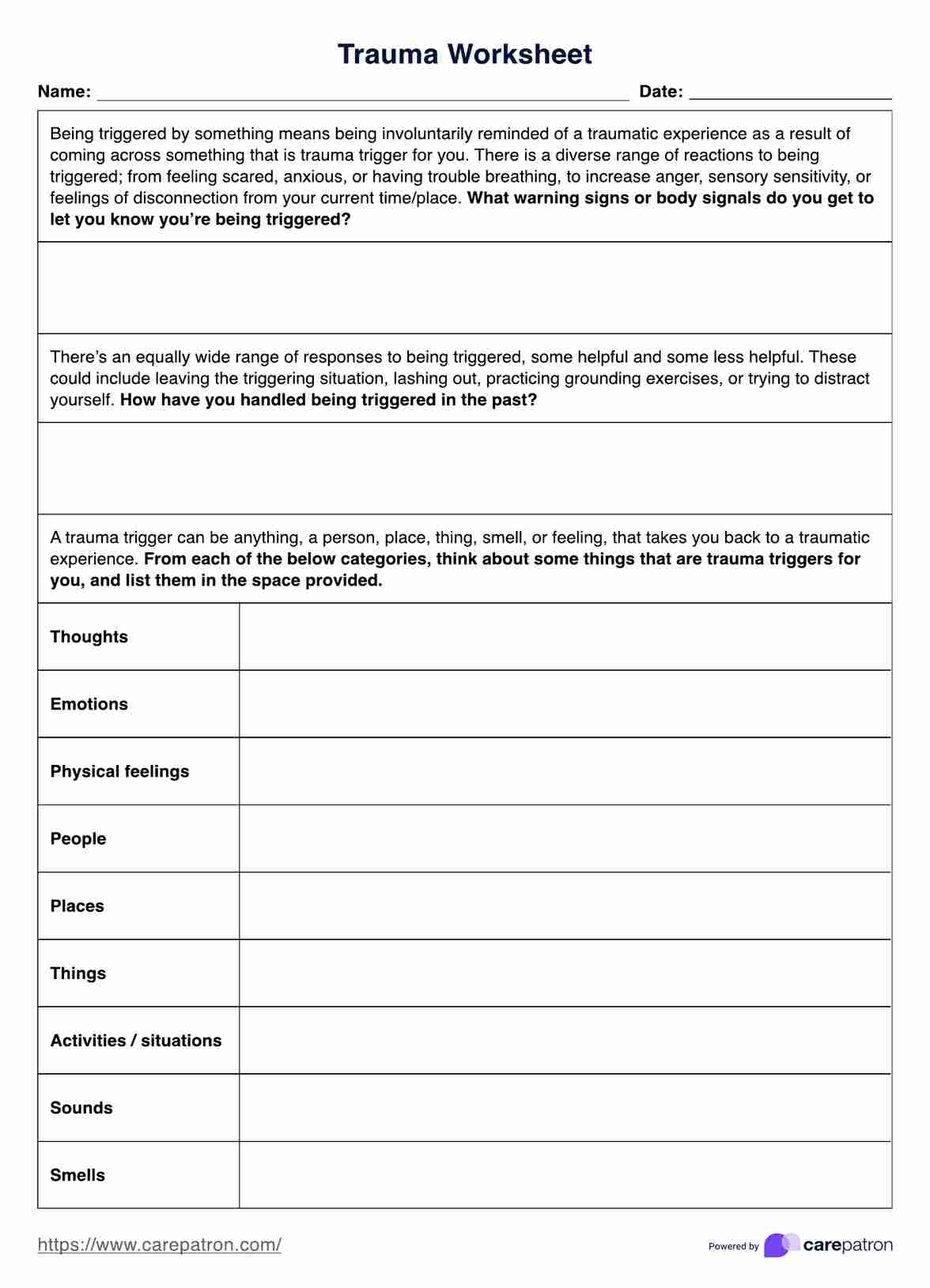 Trauma Worksheet Example Free PDF Download