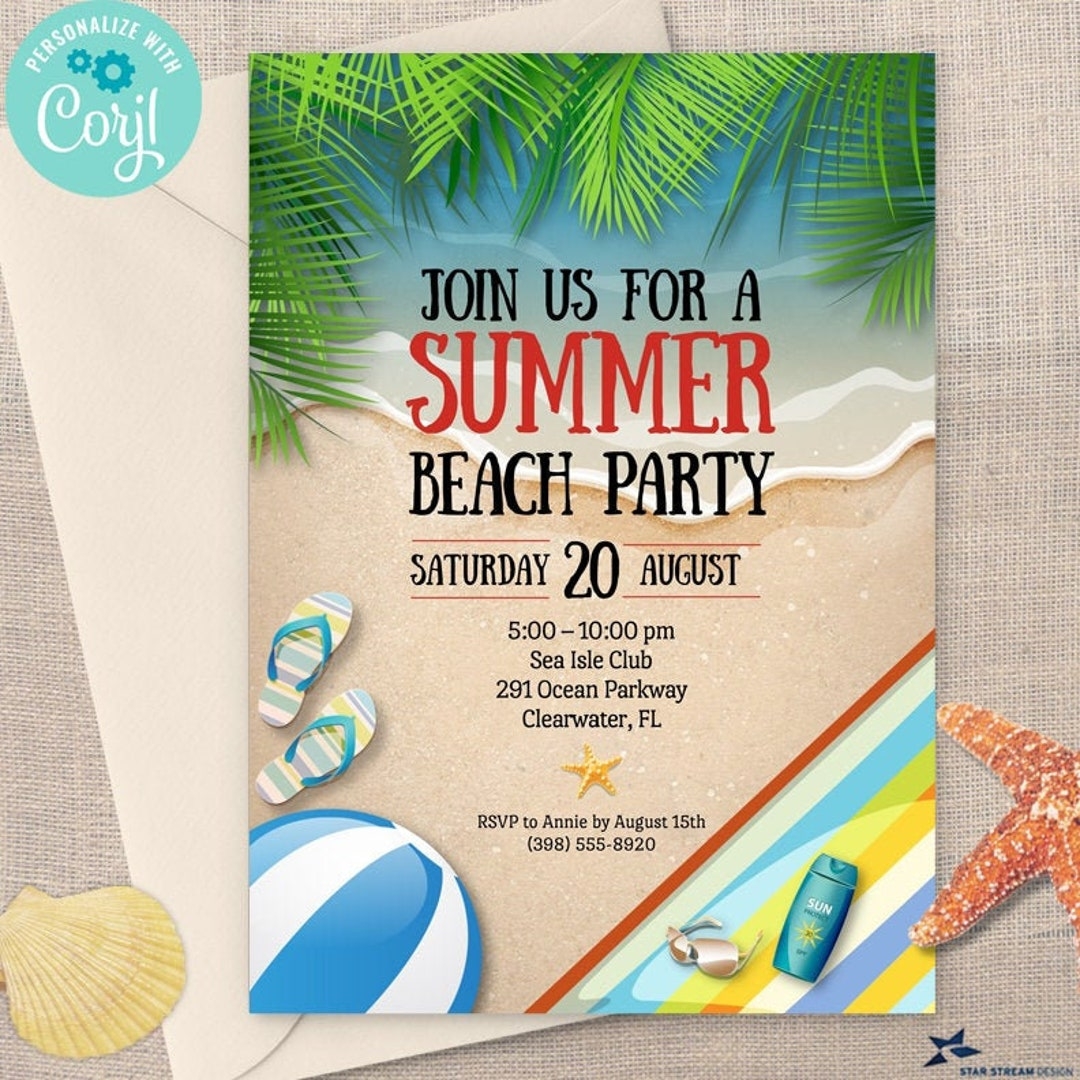 Tropical Summer Beach Party Invitation Birthday Party 2 sided 5x7 Editable Digital Printable Template Edit Online Print Etsy