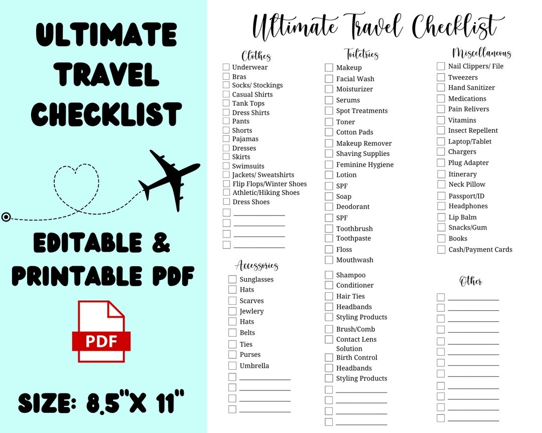 Ultimate Travel Checklist Editable Travel Checklist Printable Vacation Checklist Holiday Packing Checklist Etsy