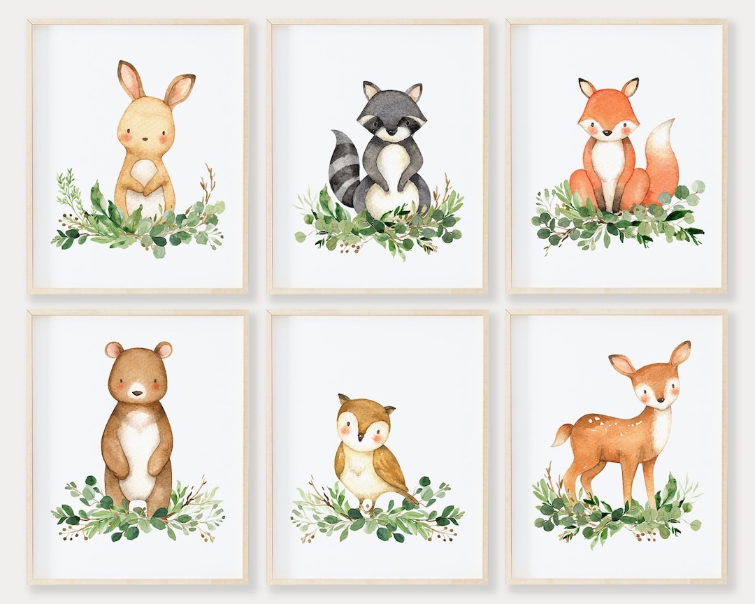 Watercolor Woodland Nursery Decor Printable Wall Art Set Of 6 Woodland Creatures Nursery Greenery Forest Animal Prints Digital Download Etsy