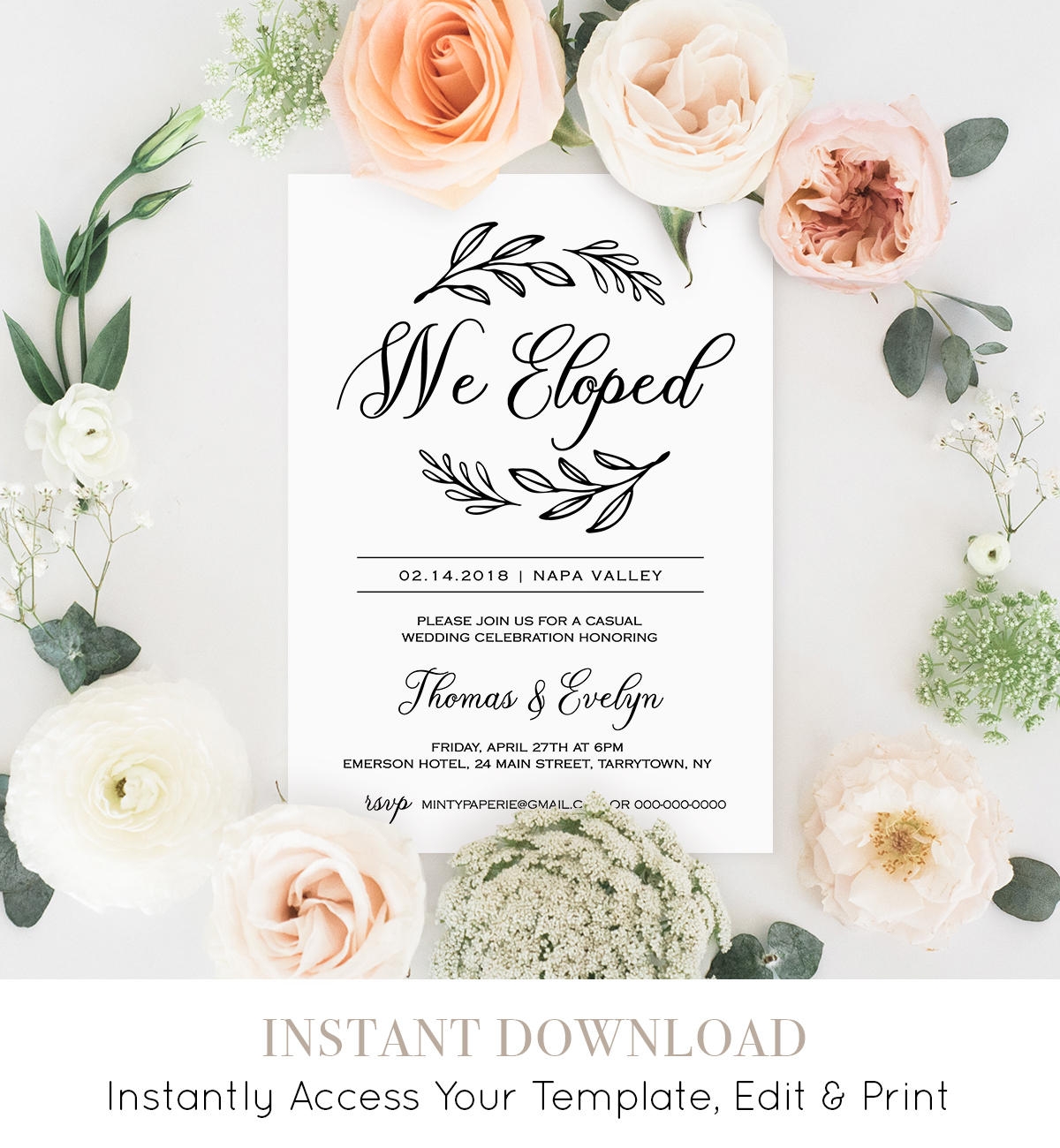 We Eloped Invitation Template Printable Elopement Announcement Rustic Wedding Reception Party Instant Download Fully Editable 027 107EL