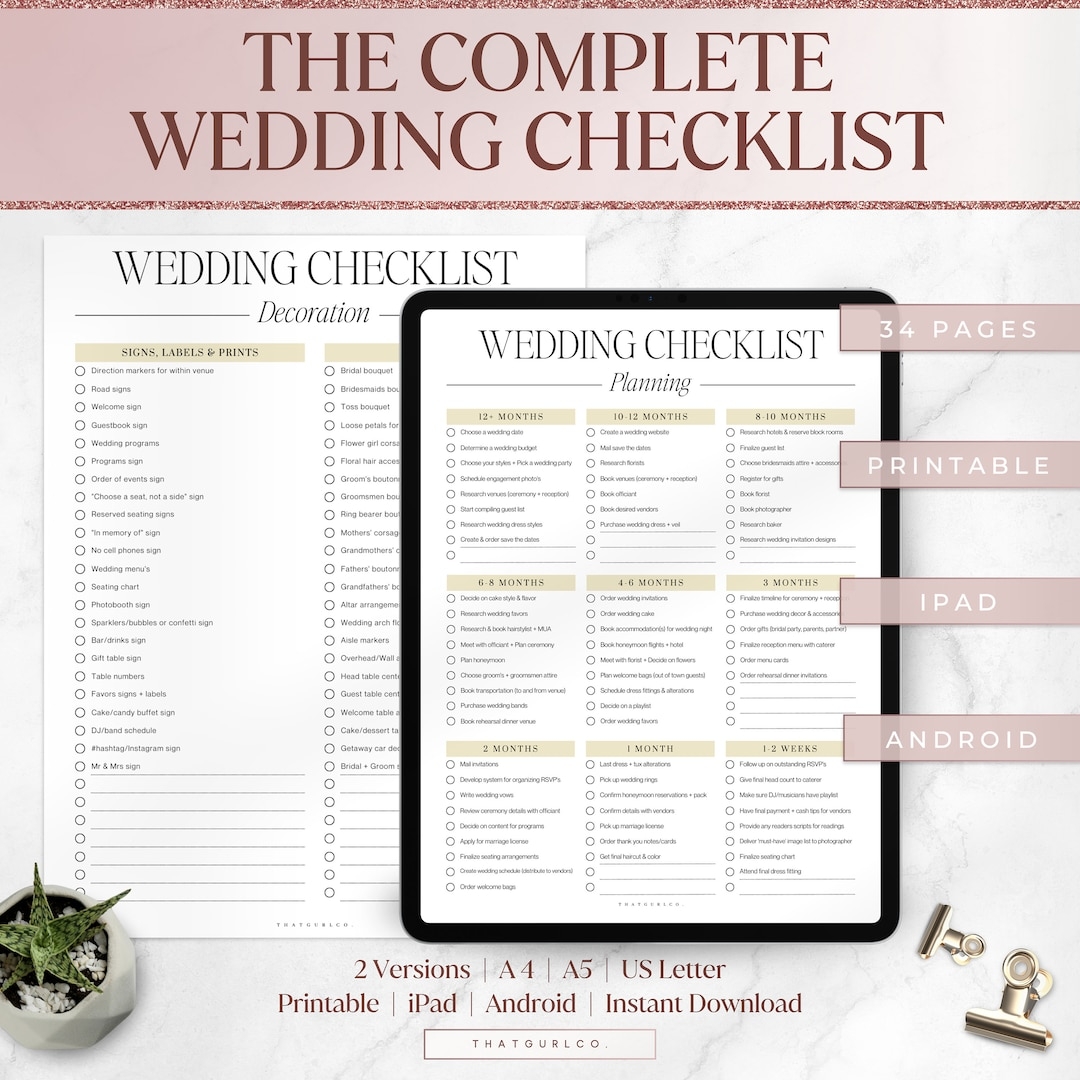 Wedding Checklist Printable Wedding Planning Checklist Wedding Planner Organizer Wedding Checklist Template Wedding To Do List PDF Etsy