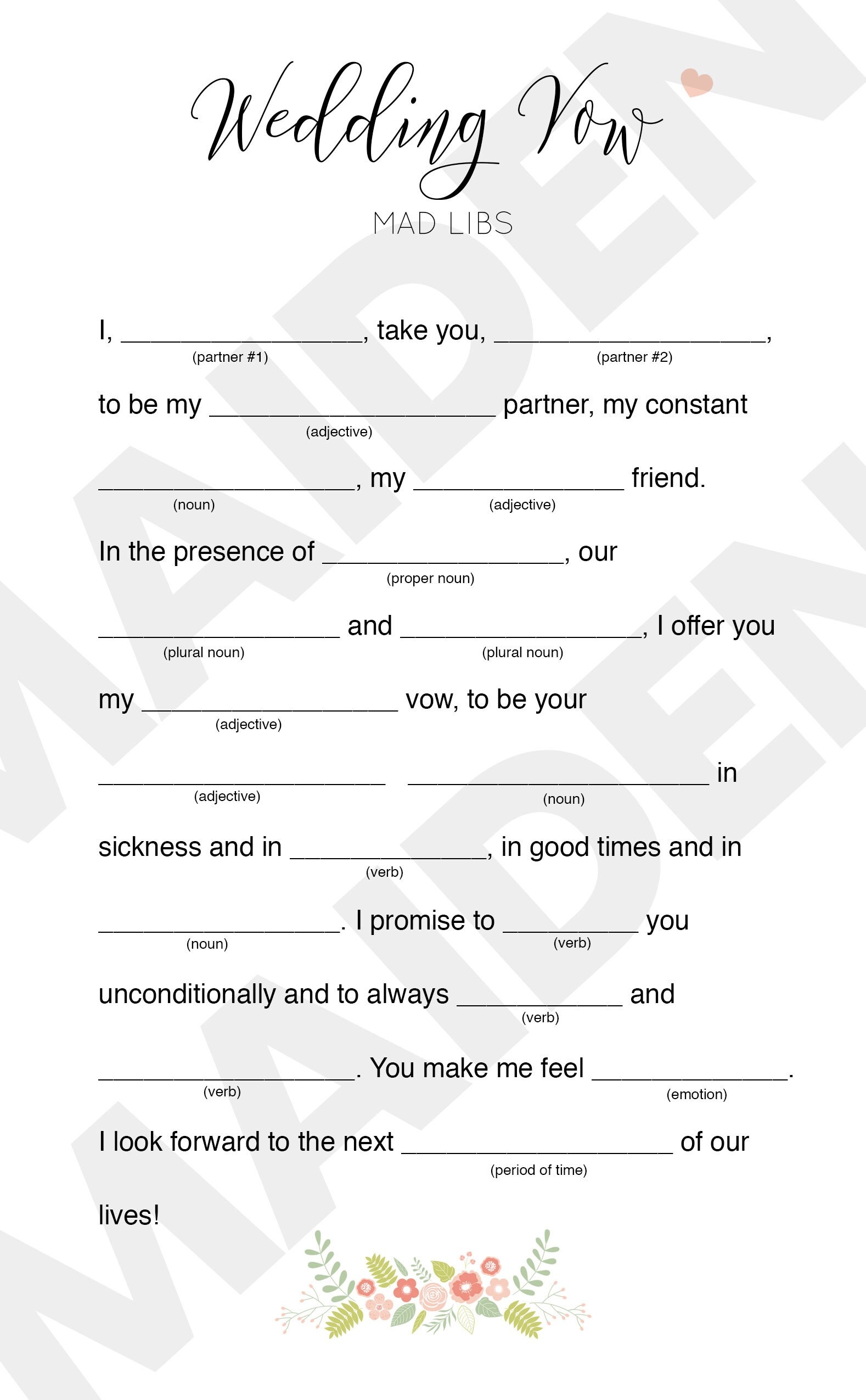 Wedding Vow Mad Libs Printable Digital File For Bridal Shower Bachelorette Party Games Etsy