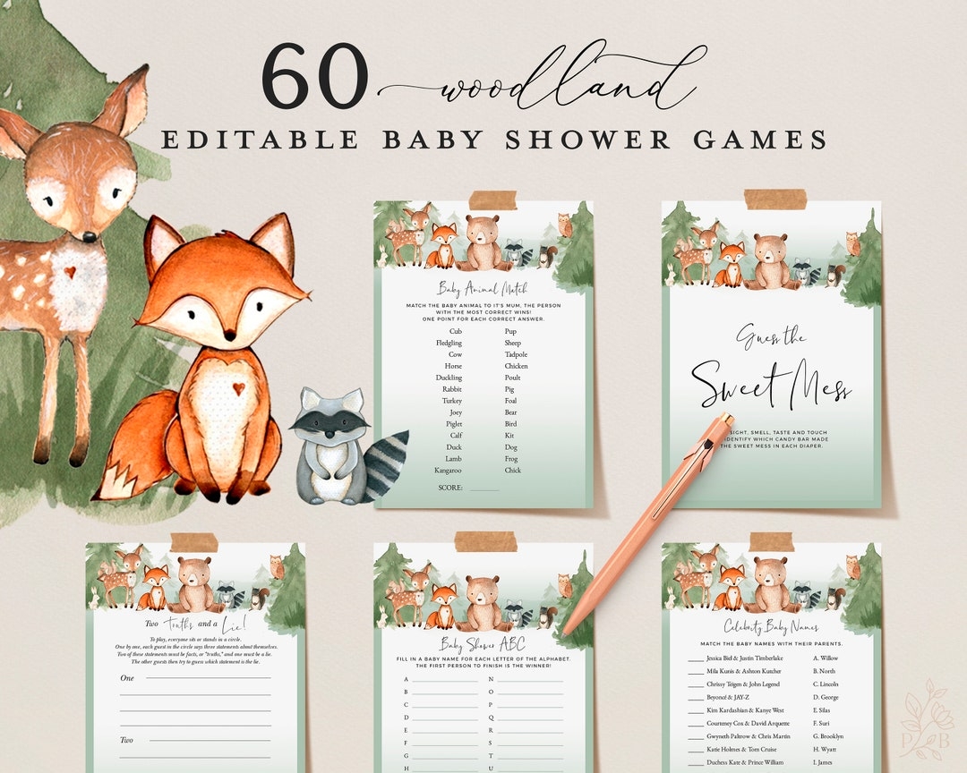 WOODLAND Editable Baby Shower Games Printable Animal Baby Shower Games Baby Party Games Bundle Virtual Games Bear Fox Squirrel Raccoon Etsy